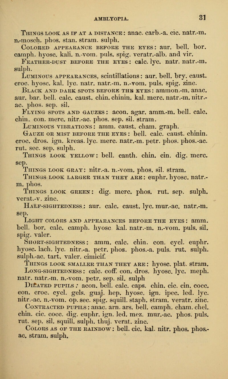 Things look as if at a dista:nce : anac. carb.-a. cic. natr.-m. n.-mosch. phos. stan. strain, sulph. Colored appearance before the eyes: aur. bell. bor. caraph. hyosc. kali, n.-vom. puis, spig. veratr.-alb. and vir. Feather-dust before the eyes : calc. lye. natr. natr.-ra. sulph. Luminous appearances, scintillations: aur. bell. bry. canst, croc, hyosc. kal. lye. natr. natr.-m. n.-rom. puis. spig. zinc. Black and dark spots before the eyes: ammon.-m. anac. aur. bar. bell. calc. caust. chin, chinin. kal. mere, natr.-m. nitr.- ac. phos. sep. sil. Flying spots and gauzes : aeon. agar. aram.-m. bell. calc. chin. eon. mere, nitr.-ae. phos. sep. sil. stram. Luminous vibrations : amm. caust. cham. graph. Gauze or mist before the eyes : bell. calc. caust. chinin. croc. dros. ign. kreas. lye. mere, natr.-m. petr. phos. phos.-ae. rut. sec. sep. sulph. Things look yellow: bell, canth. chin. cin. dig. mere, sep. Things look gray: nitr.-a. n.-vom. phos. sil. stram. Things look larger than they are : euphr. hyosc. natr.- m. phos. Things look green: dig. mere. phos. rut. sep. sulph. verat.-v. zinc. Half-sightedness.: aur. calc. caust. lye. mur.-ae. natr.-m. sep. Light colors and appearances before the eyes : amm. bell. bor. calc. camph. hyosc kal. natr.-m. n.-vom. puis. sil. spig. valer. Short-sightedness : amm. calc. chin. con. eycl. euphr. hyosc. lach. lye. nitr.-a. petr. phos. phos.-a. puis. rut. sulph. sulph.-ac. tart, valer. cimicif. Things look smaller than they are : hyosc. plat, stram. Long-sightedness : calc. coff. con. dros. hyosc. lye. meph. natr. natr.-m. n.-vom. petr. sep. sil. sulph Dilated pupils .* aeon. bell. calc. caps. chin. cic. cin. cocc. con. croc. cycl. gels. guaj. hep. hyosc. ign. ipec. led. lye. nitr.-ae. n.-vom. op. sec. spig. squill, staph, stram. veratr. zinc. Contracted pupils : anac. arn. ars. bell, camph. cham. chel. chin. cic. cocc. dig. euphr. ign. led. mez. mur.-ae. phos. puis, rut. sep. sil. squill, sulph. thuj. verat. zinc. Colors as of the rainbow : bell. cic. kal. nitr. phos. phos.- ae, stram. sulph.