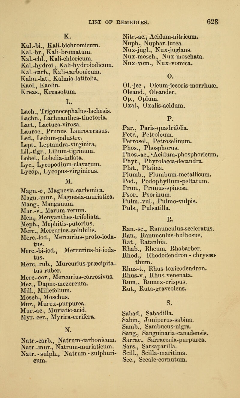 K. Kal.-bi., Kali-bichromicum. Kal.-br., Kali-bromatum. Kal.-chl,, Kali-chloricum. Kal.-hydroi., Kali-hj'droiodicura. Kal.-carb., Kali-carbonicum. Kalm.-lat., Kalmia-latifolia. KaoL, Kaolin. Kreas., Kreasotum. L. Lach., Trigonocephalus-lachesis. Lachn., Lachnanthes-tinctoria. Lact., Lactuca-virosa. Lauroc, Prunus Laurocerasus. Led., Ledum-palustre. Lept., Leptandra-virginica. Lil.-tigr., Lilium-tigrinum. Lobel., Lobelia-inflata. Lye, Lycopodium-clavatum. Lycop., Lycopus-virginicus. M. Magn.-c, Magnesia-carbonica. Magn.-mur., Magnesia-muriatica. Mang., Manganum. Mar.-v., Marum-verum. Men., Menyanthes-trifoliata. Meph., Mephitis-putorius. Merc, Mercurius-solubilis. Merc.-iod., Mercarius-proto-ioda- tus. Merc.-bi-iod., Mercurius-bi-ioda- tus. Merc.-rub., Murcurius-prascipita- tus ruber. Merc.-cor., Mercurius-corrosivus. Mez., Dapne-mezereum. Mill., Millefolium. Mosch., Moschus. Mur., Murex-purpurea. Mur.-ac, Muriatic-acid. Myr.-cer., Myrica-cerifera. N. Natr.-carb., Natrum-carbonicum. Natr.-mur., Natrum-muriaticum. Natr. - sulph., Natrum - sulphuri- cum. Nitr.-ac, Acidum-nitricum. Nuph., Nuphar-lutea. Nux-jugl., Nux-juglans. Nux-mosch., Nux-moschata. Nux-vom., Nux-vomica. 0. OL-jec , Oleum-jecoris-morrhuae. Oleand., Oleander. Op., Opium. Oxal., Oxalis-acidum. P. Par., Paris-quadrifolia. Fetr., Petroleum. Petrosel., Petroselinum. Phos., Phosphorus. Phos.-ac,'-Acidum-phosphoricum. Phyt., Phytolacca-decandra. Plat., Platina. Plumb., Plumbum-metallicum. Pod., Podophyllum-peltatum. Prun., Prunus-spinosa. Psor., Psorinum. Pulm.-vul., Pulmo-vulpis. Puis., Pulsatilla. E. Ran.-sc, Ranunculus-sceleratus. Ran., Ranunculus-bulbosus. Rat., Ratanhia. Rhab., Rheum, Rhabarber. Rhod., Rhododendron - chrys^a- thum. Rhus-t., Rhus-toxicodendron. Rhus-v., Rhus-venenata. Rum., Rumex-crispus. Rut., Ruta-graveolens. S. Sabad,, Sabadilla. Sabin., Juniperus-sabina. Samb., Sambucus-nigra. Sang., Sanguinaria-canadensis. Sarrac, Sarracenia-purpurea. Sars., Sarsaparilla. Scill., Scilla-maritima. Sec, Secale-cornutum.