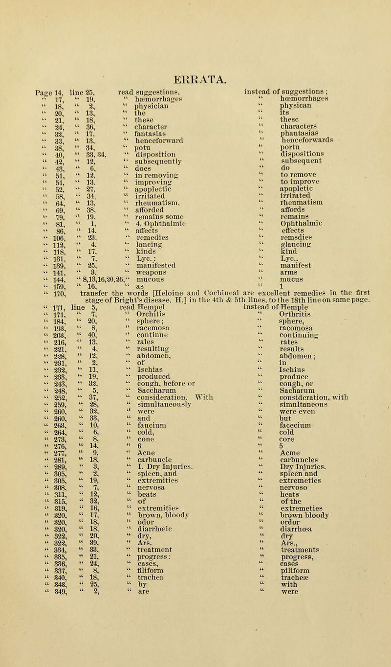 EUU. VTA. Page 14, line 25, read sugfrestioiis. instead of suggestions; •^ 17,  19.  hiemorrhages hoemorrhages  18,  2,  physician physican  20,  13,  the Its  21,  18, '• these these  2-1,  36,  character characters  32,  17,  fantasias phantasias  33,  13,  henceforward henceforwards  38,  34,  potu portu  40,  33,34,  disposition dispositions  42,  12,  subsequently subsequent '• 43,  6,  does do  51,  12,  in removing to remove  51,  13.  improving to improve  52,  27,  apoplectic apopletic  58,  34.  irritated irrirated  64,  13,  rheumatism, rheumatism  69,  38,  aftbrded affords  79,  19, '• remains some remains  81,  1,  4. Ophthalmic Ophthalmic  86,  14.  affects effects  106,  28,  remedies remsdies  112,  4. '• lancing glancing '^ 118,  17,  kinds kind  181.  7,  Lye.: Lye.  139,  25,  manifested manifest  141,  3,  weapons arms  144,  8,18,16,20,26,'- mucous mucus '■ 159,  16,  as 1  170, transfer the words THeloine and Cochineal are excellent remedies in the first stage of Brishfs disease. H.l in tlie 4tli & 5th lines. to the 18th line on same page.  171, line 5, read Hempel instead of Hemple  171,  7,  Orchitis Orthritls  184,  20,  sphere; sphere. '• 193,  8,  racemosa racomosa  208,  40,  continue continuing  216,  13,  rales rates  221,  4.  resulting results  228,  12, •' abdomen. abdomen;  281,  2,  of in  282,  11,  Ischias Ischius  238,  19.  produced produce  243,  32;  cough, before or cough, or  248,  5,  Saccharum Sacharum  252,  37,  consideration. \^ ith consideration, with  259,  28,  simultaneously simultaneous  260,  82, '' were were even  260,  38,  and but  263,  10,  faucium facecium  264,  6,  cold. cold  278,  8,  cone core  276,  14,  6 5  277,  9,  Acne Acme  281,  18,  carbuncle carbuncles  289,  8,  I. Dry Injuries. Dry Injuries.  305,  2,  spleen, and spleen and  305,  19,  extremities extremeties  308,  7,  nervosa nervoso  311,  12,  beats heats  815,  32,  of of the  319,  16,  extremities extremeties  320,  17,  brown, bloody brown bloody  820,  18,  odor ordor  820,  18,  diarrhceic diarrhoea  822,  20,  dry.  dry  322, » 39,  Ars. Ars.,  334,  33,  treatment  treatments  885,  21,  progress:  progress.  386,  24,  cases. cases  337,  8,  filiform  piliform  840,  18,  trachea  trachese  348,  25,  by  with  849,  2,  are  were