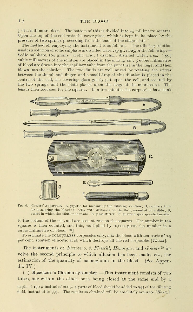 f of a millimetre deep. The bottom of this is divided into TV millimetre squares. Upon the top of the cell rests the cover-glass, which is kept in its place by the pressure of two springs proceeding from the ends of the stage-plate. The method of emplo3ring the instrument is as follows :—The diluting solution used is a solution of sodic sulphate in distilled water, sp. gr. i .025, or the following:— Sodic sulphate, 104 grains ; acetic acid, 1 drachm; distilled water, 4 oz.  995 cubic millimetres of the solution are placed in the mixing jar ; 5 cubic millimetres of blood are drawn into the capillary tube from the puncture in the ringer and then blown into the solution. The two fluids are well mixed by rotating the stirrer between the thumb and finger, and a small drop of this dilution is placed in the centre of the cell, the covering glass gently put upon the cell, and secured by the two springs, and the plate placed upon the stage of the microscope. The lens is then focussed for the squares. In a few minutes the corpuscles have sunk Pig 6.—Gowers' Apparatus. A, pipette for measuring the diluting solution ; B, capillary tube for measuring the blood; C, cells, with divisions on the floor, mounted on a slide ; D, vessel in which the dilution is made ; E, glass stirrer ; F, guarded spear-pointed needle. to the bottom of the cell, and are seen at rest on the squares. The number in ten squares is then counted, and this, multiplied by 10,000, gives the number in a cubic millimetre of blood. 24] To estimate the COLOURLESS corpuscles only, mix the blood with ten parts of 0.5 per cent, solution of acetic acid, which destroys all the red corpuscles [Thoma]. The instruments of Bizzozero, v. Fleischl, Henocque, and Gowers 25 in- volve the second principle to which allusion has been made, viz., the estimation of the quantity of haemoglobin in the blood. (See Appen- dix IV.) (c.) Bizzozero's Chromo-cytometer.—This instrument consists of two tubes, one within the other, both being closed at the same end by a depth of 150 ij. instead of 200 p, 5 parts of blood should be added to 945 of the diluting fluid, instead of to 995. The results so obtained will be absolutely accurate (Hart).]