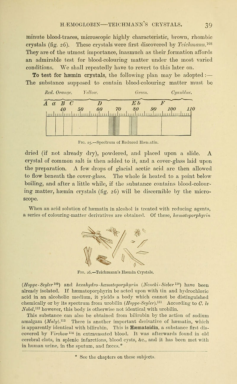 minute blood-traces, microscopic highly characteristic, brown, rhombic crystals (fig. 26). These crystals were first discovered by Teichmann.108 They are of the utmost importance, inasmuch as their formation affords an admirable test for blood-colouring matter under the most varied conditions. We shall repeatedly have to revert to this later on. To test for hsemin crystals, the following plan may be adopted:— The substance supposed to contain blood-colouring matter must be Med. Oranr/e. Yellow. Green. Cyanblue. A a Eb SO ImiiIiimImmI F 100 mJim.Im. 110 Fig. 25.—Spectrum of Keduced Hsen.atin. dried (if not already dry), powdered, and placed upon a slide. A crystal of common salt is then added to it, and a cover-glass laid upon the preparation. A few drops of glacial acetic acid are then allowed to flow beneath the cover-glass. The whole is heated to a point below boiling, and after a little while, if the substance contains blood-colour- ing matter, heemin crystals (fig. 26) will be discernible by the micro- scope. When an acid solution of haematin in alcohol is treated with reducing agents, a series of colouring-matter derivatives are obtained. Of these, Ticematoporphyrin *~~^z Fig. 26.—Teichmann's Hsemin Crystals. (Hoppe-Seyler109) and hexahydro - hcematopoi-phyrin (Neneki-Sieber110) have been already isolated. If hasmatoporphyrin be acted upon with tin and hydrochloric acid in an alcoholic medium, it yields a body which cannot be distinguished chemically or by its spectrum from urobilin (Roppe-Seyler).111 According to C. le Nobel,112 however, this body is otherwise not identical with urobilin. This substance can also be obtained from bilirubin by the action of sodium amalgam (Maly).113 There is another important derivative of hasmatin, which is apparently identical with bilirubin. This is Haematoidin, a substance first dis- covered by Virchow11* in estravasated blood. It was afterwards found in old cerebral clots, in splenic infarctions, blood cysts, &c, and it has been met with in human urine, in the sputum, and fasces.* * See the chapters on these subjects.