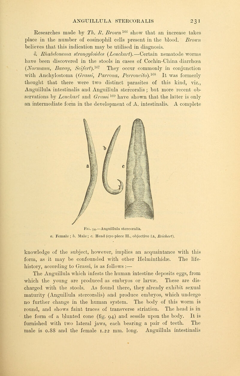 Researches made by Th. li. Broivn166 show that an increase takes place in the number of eosinophil cells present in the blood. Brown believes that this indication may be utilised in diagnosis. S. Rhabdonema strongyloides {Leuckart).—Certain nematode worms have been discovered in the stools in cases of Cochin-China diarrhoea (Normann, Bavay, Seifert').167 They occur commonly in conjunction with Anchylostoma (Grassi, Parrona, Perroncito).1^ It was formerly thought that there were two distinct parasites of this kind, viz., Anguillula intestinalis and Anguillula stercoralis; but more recent ob- servations by Leuckart and Grassi169 have shown that the latter is only an intermediate form in the development of A. intestinalis. A complete Fig. 94.—Anguillula stercoralis. a. Female ; b. Male; c. Head (eye-piece II., objective 8A, Reiehert). knowledge of the subject, however, implies an acquaintance with this form, as it may be confounded with other Helminthidae. The life- history, according to Grassi, is as follows :— The Anguillula which infests the human intestine deposits eggs, from which the young are produced as embryos or larvae. These are dis- charged with the stools. As found there, they already exhibit sexual maturity (Anguillula stercoralis) and produce embryos, which undergo no further change in the human system. The body of this worm is round, and shows faint traces of transverse striation. The head is in the form of a blunted cone (fig. 94) and sessile upon the body. It is furnished with two lateral jaws, each bearing a pair of teeth. The male is 0.88 and the female 1.22 mm. long. Anguillula intestinalis