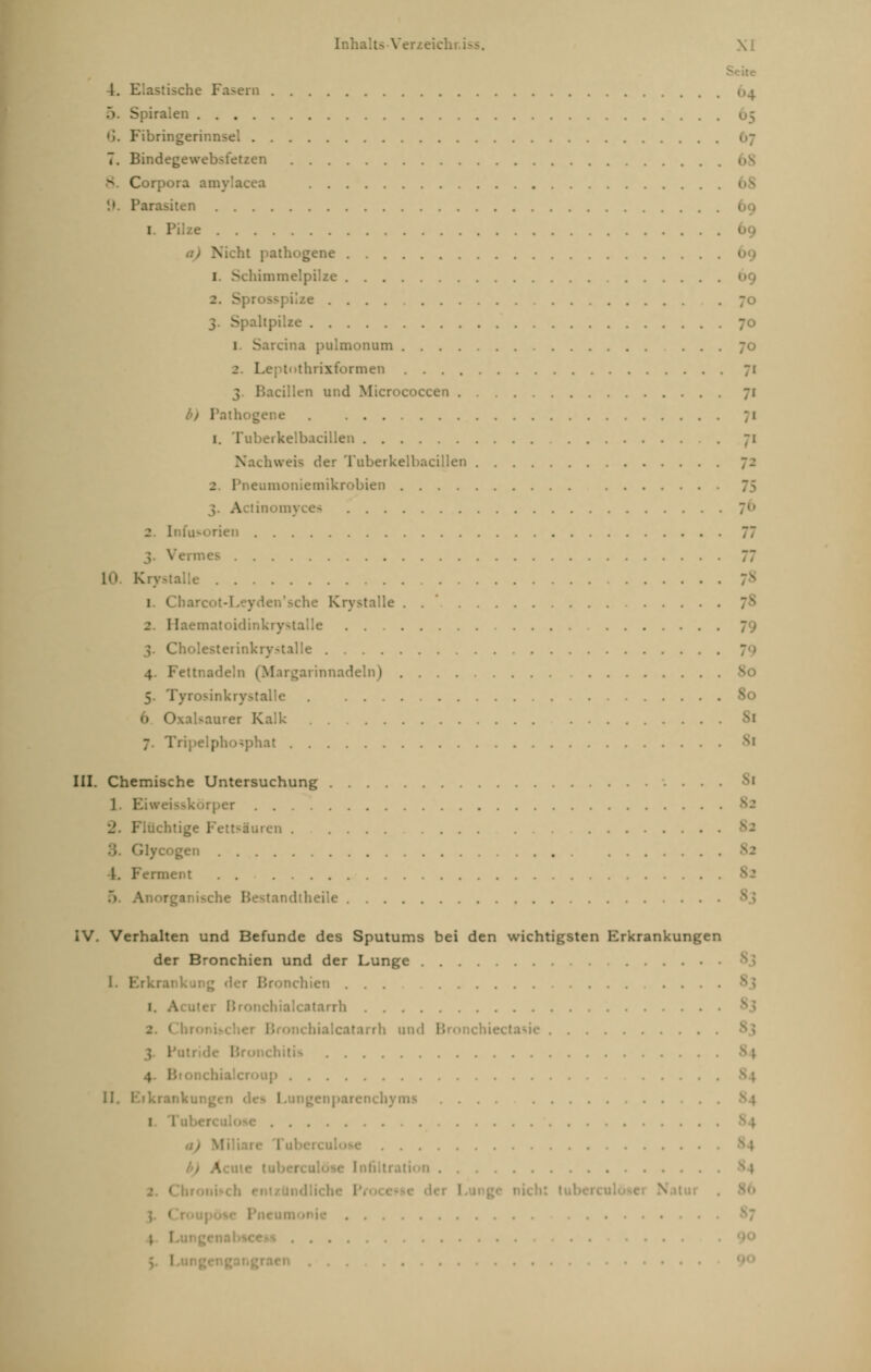 L Elastische Fasern 04 .> Spiralen 'I. Fibringerinnsel 7. Bindegewebstetzen 68 S Corpora amylacea Parasiten 69 l. Pilze Nicht pathogene 1. Schimmelpilze 2. Sprosspiize . . . . . ; 3. Spaltpilze 70 1 Sarcina pulmonum ... 2 Leptuthrixformen 71 ; ! ;!len und Micrococcen 71 i gene . ;i 1. Tuberkelbacillen 71 ler Tuberkelbacillen 7-' 2 I'neumoniemikrobien Acti jrces 2 Infusorien 77 10 Krystalle 1. Cbai Kr stalle . . 2 I!. ematoidinkrystalle . . .... Cholesterinkry.-talle 4 Fettnadeln (Margarinnadeln) 5. Tyrosinkrystalle . .... 6 Oxalsanrer Kalk 7 Tripelpho*phal s' III. Chemische Untersuchung s' 1 Ei v. er 2. Flüchtige Fettsäuren s- gen 1. Ferment . . 5 A organische Hestandtheile .... IV. Verhalten und Befunde des Sputums bei den wichtigsten Erkrankungen der Bronchien und der Lunge I. Erkrankui Bronchien ... 1. Acuter Bronchialcatarrh • nchialcatarrh und Bronchiectasie i ■ B 4. B p [I. 1 I 1 | lerne tu ■ 1 I