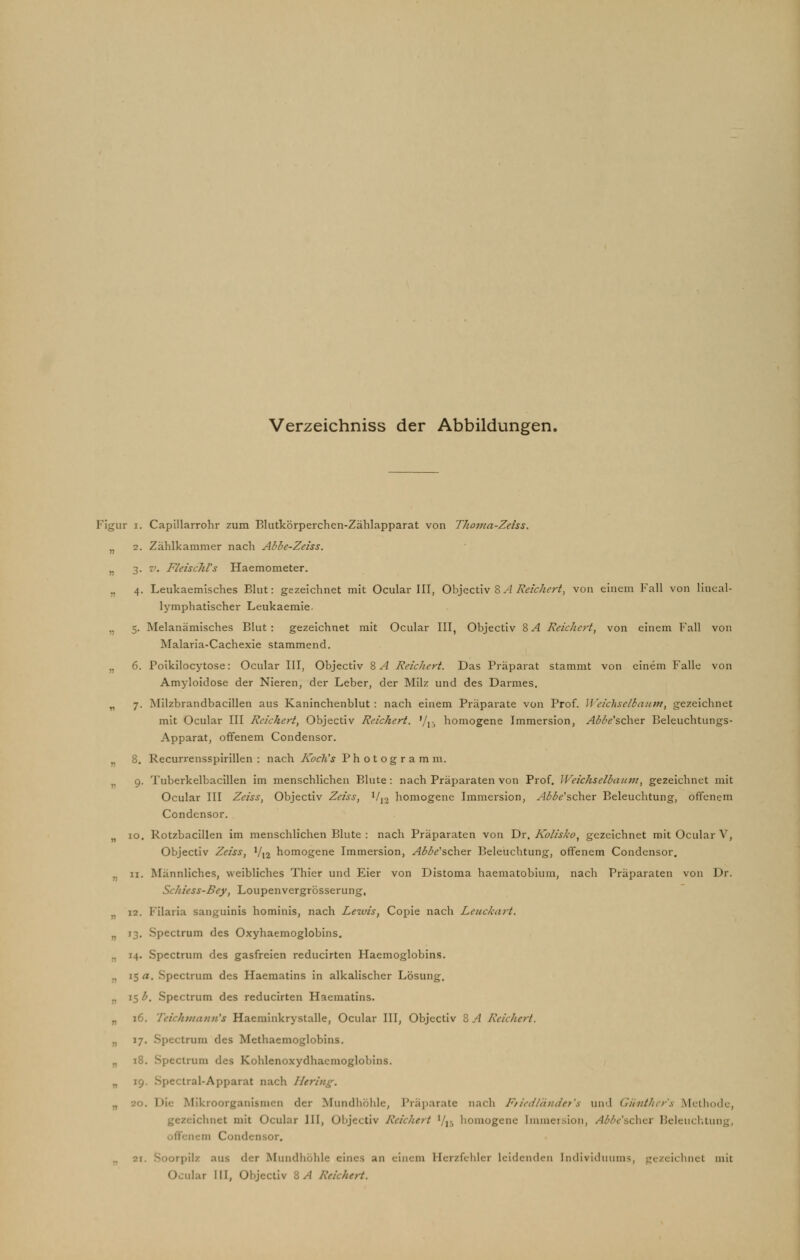 Verzeichniss der Abbildungen. Figur i. Capillarrohr zum Blutkörperchen-Zählapparat von Thoma-Zeiss. n 2. Zählkammer nach Abbe-Zeiss. „ 3. v. Fidschis Haemometer. „ 4. Leukaemisches Blut: gezeichnet mit Ocular III, Objectiv 8 A Reichert, von einem Fall von lineal- lymphatischer Leukaemie. n 5. Melanämisches Blut: gezeichnet mit Ocular III, Objectiv SA Reichert, von einem Fall von Malaria-Cachexie stammend. „ 6. Poikilocytose: Ocular III, Objectiv SA Reichert. Das Präparat stammt von einem Falle von Amyloidose der Nieren, der Leber, der Milz und des Darmes. „ 7. Milzbrandbacillen aus Kaninchenblut : nach einem Präparate von Prof. Weichselbaum t gezeichnet mit Ocular III Reichert, Objectiv Reichert. '/r, homogene Immersion, Abbe'schsr Beleuchtungs- Apparat, offenem Condensor. 8. Recurrensspirillen : nach Koch's Photogramm. 9. Tuberkelbacillen im menschlichen Blute : nach Präparaten von Prof. Weichselbaum, gezeichnet mit Ocular III Zeiss, Objectiv Zeiss, 1/12 homogene Immersion, Abbe'scher Beleuchtung, offenem Condensor. 10. Rotzbacillen im menschlichen Blute : nach Präparaten von Dr. Kolisko, gezeichnet mit Ocular V, Objectiv Zeiss, 1/l2 homogene Immersion, Abbe'scher Beleuchtung, offenem Condensor. „ 11. Männliches, weibliches Thier und Eier von Distoma haematobium, nach Präparaten von Dr. Schiess-Bey, Loupenvergrösserung, 12. Filaria sanguinis hominis, nach Lewis, Copie nach Leuckart. n 13. Spectrum des Oxyhaemoglobins. (. Spectrum des gasfreien reducirten Haemoglobins. 15 a. Spectrum des Haematins in alkalischer Lösung. ijb. Spectrum des reducirten Haematins. „ 16. Teicluuann's Haeminkrystalle, Ocular III, Objectiv 8 A Reichert. „ 17. Spectrum des Methaemoglobins. „ 18. Spectrum des Kohlenoxydhaemoglobins. „ 19. Spectral-Apparat nach Hering. „ 20. Die Mikroorganismen der Mundhöhle, Präparate nach Friedländet's und Günthers Methode, gezeichnet mit Ocular III, Objectiv Reichert '/,-, homogene Immersion, Abbe'schet Beleuchtung, ( ior, pilz :111s i\<:r Mundhöhle eines an einem Herzfehler leidenden Individuum lehnet mit