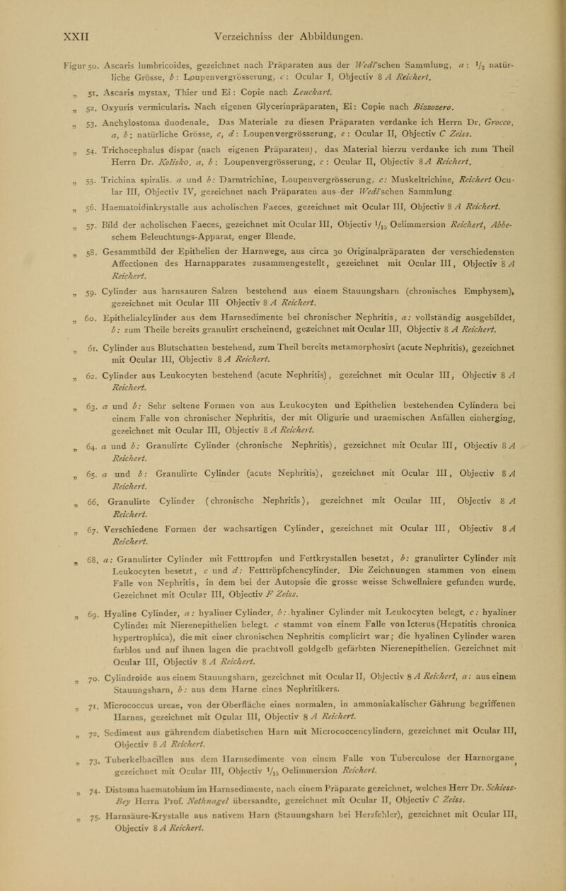 Figur 50. Ascaris lumbricoides, gezeichnet nach Präparaten aus der IVedi'schen Sammlung, a : 1/2 natür- liche Grösse, b : L.oupenvergiösserung, c : Ocular I, Objectiv 8 A Reichert. „ 51. Ascaris mystax, Thier und Ei : Copie nach Leuckart. 52. Oxyuris vermicularis. Nach eigenen Glycerinpräparaten, Ei: Copie nach Bizzozero. 53. Anchylostoma duodenale. Das Materiale zu diesen Präparaten verdanke ich Herrn Dr, Grocco. a, b : natürliche Grösse, c, d: Loupenvergrösserung, c : Ocular II, Objectiv C Zeiss. „ 54. Trichocephalus dispar (nach eigenen Präparaten), das Material hierzu verdanke ich zum Theil Herrn Dr. Kolisko, a, b : Loupenvergrösserung, c : Ocular II, Objectiv 8A Reichert. „ 55. Trichina spiralis. a und b: Darmtrichine, Loupenvergrösserung. c: Muskeltrichine, Reichert Ocu- lar III, Objectiv IV, gezeichnet nach Präparaten aus der WW/'schen Sammlung. „ 56. Haematoidinkrystalle aus acholischen Faeces, gezeichnet mit Ocular III, Objectiv 8 A Reichert. 57. Bild der acholischen Faeces, gezeichnet mit Ocular III, Objectiv !/15 Oelimmersion Reichert, Abbe- schem Beleuchtungs-Apparat, enger Blende. 58. Gesammtbild der Epithelien der Harnwege, aus circa 30 Originalpräparaten der verschiedensten Affectionen des Harnapparates zusammengestellt, gezeichnet mit Ocular III, Objectiv S A Reichert. 59. Cylinder aus harnsauren Salzen bestehend aus einem Stauungsharn (chronisches Emphysem), gezeichnet mit Ocular III Objectiv 8 A Reichert. 60. Epithelialcylinder aus dem Harnsedimente bei chronischer Nephritis, a: vollständig ausgebildet, b: zum Theile bereits granulirt erscheinend, gezeichnet mit Ocular III, Objectiv 8 A Reichert. 61. Cylinder aus Blutschatten bestehend, zum Theil bereits metamorphosirt (acute Nephritis), gezeichnet mit Ocular III, Objectiv 8 A Reichert. „ 62. Cylinder aus Leukocyten bestehend (acute Nephritis), gezeichnet mit Ocular III, Objectiv 8A Reichert. 63. a und b: Sehr seltene Formen von aus Leukocyten und Epithelien bestehenden Cylindern bei einem Falle von chronischer Nephritis, der mit Oligurie und uraemischen Anfällen einherging, gezeichnet mit Ocular III, Objectiv 8 A Reichert. 64. a und b: Granulirte Cylinder (chronische Nephritis), gezeichnet mit Ocular III, Objectiv 8^4 Reichert. 65. a und b: Granulirte Cylinder (acute Nephritis), gezeichnet mit Ocular III, Objectiv 8A Reichert. 66. Granulirte Cylinder (chronische Nephritis), gezeichnet mit Ocular III, Objectiv 8 A Reichert. 67. Verschiedene Formen der wachsartigen Cylinder, gezeichnet mit Ocular III, Objectiv 8A Reichert. 68. a: Granulirter Cylinder mit Fetttropfen und Fettkrystallen besetzt, b: granulirter Cylinder mit Leukocyten besetzt, c und d: Fetttröpfchencylinder. Die Zeichnungen stammen von einem Falle von Nephritis, in dem bei der Autopsie die grosse weisse Schwellniere gefunden wurde. Gezeichnet mit Ocular III, Objectiv F Zeiss. 69. Hyaline Cylinder, a: hyaliner Cylinder, b: hyaliner Cylinder mit Leukocyten belegt, c: hyaliner Cylindei mit Nierenepithelien belegt, c stammt von einem Falle von Icterus (Hepatitis chronica hypertrophica), die mit einer chronischen Nephritis complicirt war; die hyalinen Cylinder waren farblos und auf ihnen lagen die prachtvoll goldgelb gefärbten Nierenepithelien. Gezeichnet mit Ocular III, Objectiv 8 A Reichert. 70. Cylindroide aus einem Stauungsharn, gezeichnet mit Ocular II, Objectiv 8 A Reichert, a: aus einem Stauungsharn, b: aus dem Harne eines Nephritikers. 71. Micrococcus ureae, von der Oberfläche eines normalen, in ammoniakalischer Gährung begriffenen Harnes, gezeichnet mit Ocular III, Objectiv 8 A Reichert. 72. Sediment aus gährendcm diabetischen Harn mit Micrococcencylindern, gezeichnet mit Ocular III, Objectiv 8 A Reichert. 77 Tuberkelbacillen aus dem Harnsedimente von einem Falle von Tuberculose der Harnorgane gezeichnet mit Ocular III, Objectiv Vir, Oelimmersion Reichert. 74. DUtomahaematobium im Harnsedimente, nach einem Präparate gezeichnet, welches Herr Dr. Schiess- ih-y Herrn Prof. Xot/niagcl übersandte, gezeichnet mit Ocular II, Objectiv C Zeiss. ■j--. Harnsaure-Krystalle aus nativem Harn (Stauungsharn bei Herzfehler), gezeichnet mit Ocular III, Objectiv 8 A Reichert.