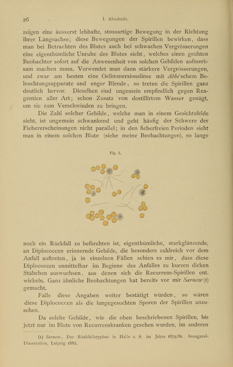 zeigen eine äusserst lebhafte, stossartige Bewegung in der Richtung ihrer Längsachse; diese Bewegungen der Spirillen bewirken, dass man bei Betrachten des Blutes auch bei schwachen Vergrösserungen eine eigenthümliche Unruhe des Blutes sieht, welches einen geübten Beobachter sofort auf die Anwesenheit von solchen Gebilden aufmerk- sam machen muss. Verwendet man dann stärkere Vergrösserungen, und zwar am besten eine Oelimmersionslinse mit Aböe'schem Be- leuchtungsapparate und enger Blende , so treten die Spirillen ganz deutlich hervor. Dieselben sind ungemein empfindlich gegen Rea- gentien aller Art; schon Zusatz von destillirtem Wasser genügt, um sie zum Verschwinden zu bringen. Die Zahl solcher Gebilde, welche man in einem Gesichtsfelde sieht, ist ungemein schwankend und geht häufig der Schwere der Fiebererscheinungen nicht parallel; in den fieberfreien Perioden sieht man in einem solchen Blute (siehe meine Beobachtungen), so lange Fig. 8. ° ^ .4: • o ^\ 00 c8°o cQß o o ° noch ein Rückfall zu befürchten ist, eigenthümliche, starkglänzende, an Diplococcen erinnernde Gebilde, die besonders zahlreich vor dem Anfall auftreten, ja in einzelnen Fällen schien es mir, dass diese Diplococcen unmittelbar im Beginne des Anfalles zu kurzen dicken Stäbchen auswuchsen, aus denen sich die Recurrens-Spirillen ent- wickeln. Ganz ähnliche Beobachtungen hat bereits vor mir Sarnow(l) gemacht. Falls diese Angaben weiter bestätigt würden , so wären diese Diplococcen als die langegesuchten Sporen der Spirillen anzu- sehen. Da solche Gebilde, wie die oben beschriebenen Spirillen, bis jetzt nur im Blute von Recurrenskranken gesehen wurden, im anderen (i) Sarnow, Der Rückfallstyphus in Halle a. S. im Jahre 1879/81. Inaugural- I' »ertation, Leipzig 1882.