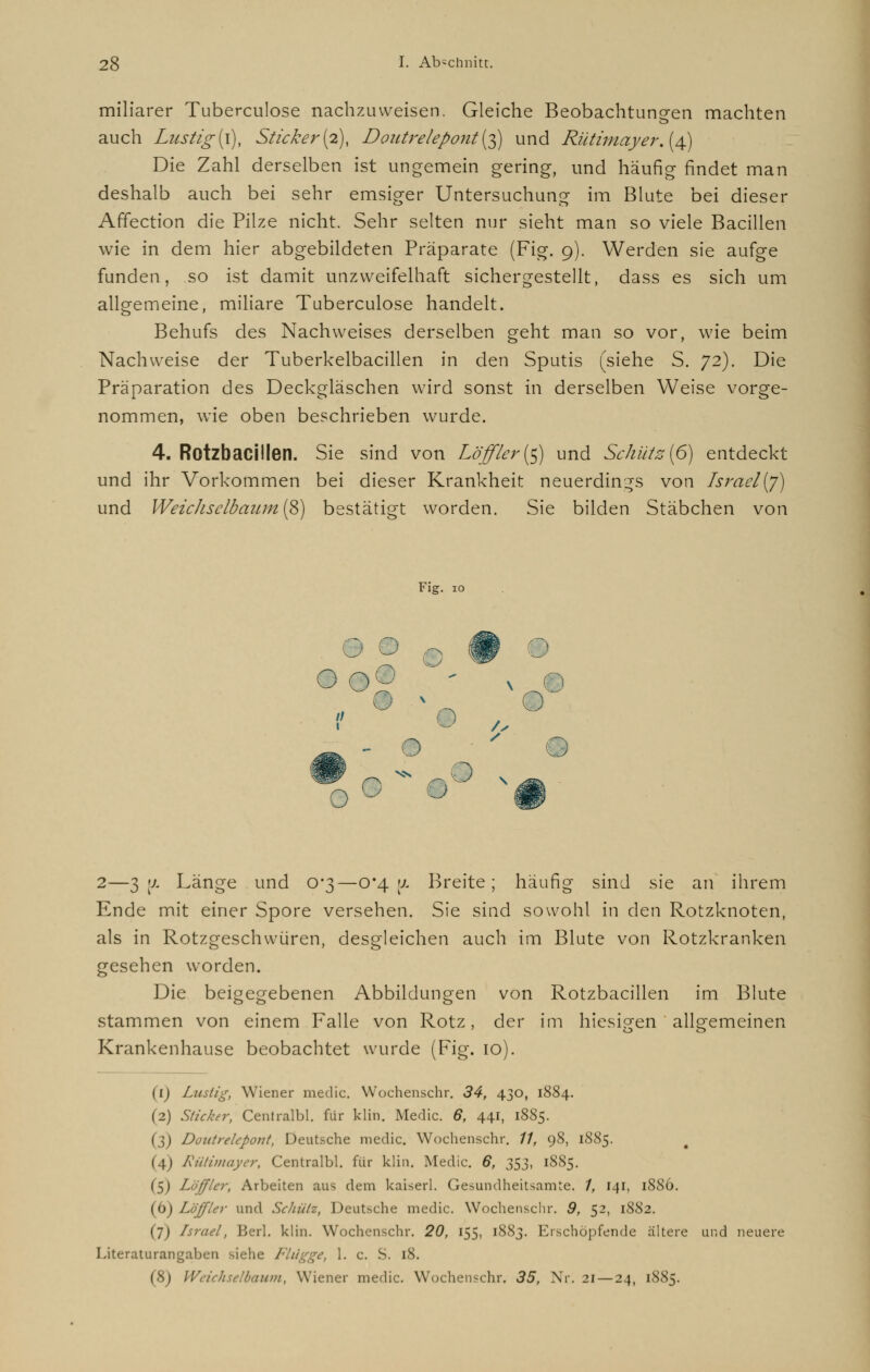 miliarer Tuberculose nachzuweisen. Gleiche Beobachtungen, machten auch Lustig'(i), Sticker'(2), Doutrelepont{$) und Rütimayer. (4) Die Zahl derselben ist ungemein gering, und häufig findet man deshalb auch bei sehr emsiger Untersuchung im Blute bei dieser Affection die Pilze nicht. Sehr selten nur sieht man so viele Bacillen wie in dem hier abgebildeten Präparate (Fig. 9). Werden sie aufge funden, so ist damit unzweifelhaft sichergestellt, dass es sich um allgemeine, miliare Tuberculose handelt. Behufs des Nachweises derselben geht man so vor, wie beim Nachweise der Tuberkelbacillen in den Sputis (siehe S. 72). Die Präparation des Deckgläschen wird sonst in derselben Weise vorge- nommen, wie oben beschrieben wurde. 4. Rotzbacillen. Sie sind von Löffler{$) und Schütz (6) entdeckt und ihr Vorkommen bei dieser Krankheit neuerdings von Israel(7) und Weichselbaum [cl) bestätigt worden. Sie bilden Stäbchen von Fig. 10 1 ^ ) I / - O o o ~ o° * 2—3 [/. Länge und 03—0*4 [/. Breite ; häufig sind sie an ihrem Ende mit einer Spore versehen. Sie sind sowohl in den Rotzknoten, als in Rotzgeschwüren, desgleichen auch im Blute von Rotzkranken gesehen worden. Die beigegebenen Abbildungen von Rotzbacillen im Blute stammen von einem Falle von Rotz, der im hiesigen allgemeinen Krankenhause beobachtet wurde (Fig. 10). (1) Lustig, Wiener media Wochenschr. 34, 430, 1884. (2) Sticker, Centralbl. für klin. Media 6, 441, 1885. (3) Doutrelepont, Deutsche media Wochenschr. //, 98, 1885. (4) Riitimuyer, Centralbl. für klin. Media 6, 353, 1885. (5) Löffler, Arbeiten aus dem kaiserl. Gesundheitsamte. /, 141, 1886. (b) Löffler und Schütz, Deutsche media Wochenschr. 9, 52, 1882. (7) Israel, Berl. klin. Wochenschr. 20, 155, 1883. Erschöpfende ältere und neuere Literaturangaben siehe Flügge, 1. c. S. iS. (8) Weichselbaum, Wiener media Wochenschr. 35, Nr. 21 — 24, 1885.