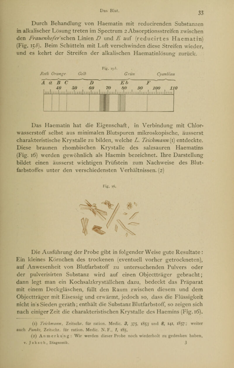 00 Durch Behandlung von Haematin mit reducirenden Substanzen in alkalischer Lösung treten im Spectrum 2 Absorptionsstreifen zwischen den Frauenliofe rächen Linien D und F auf reducirtes Haematin^ (Fig. 15^). Beim Schütteln mit Luft verschwinden diese Streifen wieder, und es kehrt der Streifen der alkalischen Haematinlosun<r zurück. Fig. 15 /•. Roth 0; G<lb Grit): Das Haematin hat die Eigenschaft, in Verbindung mit Chlor- ff selbst aus minimalen Blutspuren mikroskopische, äusserst charakteristische Krystaile zu bilden, welche L. Teichmann{\) entdeckte. Diese braunen rhombischen Krystaile des salzsauren Haematins . 16) werden gewöhnlich als Haemin bezeichnet. Ihre Darstellung bildet einen äusserst wichtigen Prüfstein zum Nachweise des Blut- farbstoffes unter den verschiedensten Verhältnissen. (2) Fig. 16. A\'^/ %' ~> Di fuhrung der Probe gibt in folgender Weise gute Resultate : Hin kleine- Körnchen des trockenen (eventuell vorher getrockneten), auf Anwesenheit von Blutfarbstoff zu untersuchenden Pulvers oder erisirten Substanz wird auf einen Objectträger gebracht; man ein Kochsalzkryställchen dazu, bedeckt das Präparat mit einem Deckgläschen, füllt den Kaum zwischen diesem und dem Obj er mit I und erwärmt, jedoch so, dass die Flüssigkeit nicht in s g Lth; enthält die Substanz Blutfarbstoff, t ensich nach einiger Zeil die charakteristischen Krystaile des Haemin /;'. s. 1 :i 1 iter auch Funk f. 7 tion. Med '■'■ lakicli