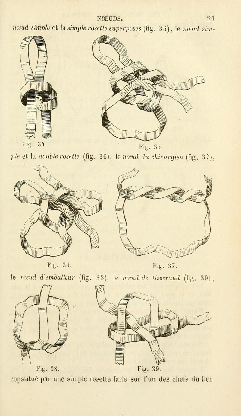 » ^^ Ing-. 3o. pie et la double rosette (fig. 36), le nœud du chirurgien (fig. 37), Fig'. 36. Fig. 37. le nœud d'emballeur (llg, 38), le nœud de tisserand (fig. 39) Fig. 38. Fig, 39. constitué par une simple rosette faite sur l'un des chefs <Ju lien