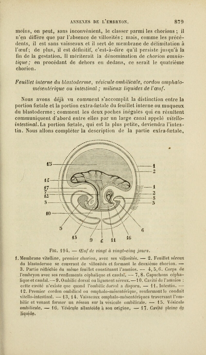 moins, on peut, sans inconvénient, le classer parmi les chorions ; il n'en diffère que par l'absence de Yillosités ; mais, comme les précé- dents, il est sans vaisseaux et il sert de membrane de délimitation à l'œuf; de plus, il est définitif, c'est-à-dire qu'il persiste jusqu'à la fin de la gestation. 11 mériterait la dénomination de chorion amnio- tique ; en procédant de dehors en dedans, ce serait le quatrième chorion. Feuillet interne du blastoderme, vésicule owMlicale, cordon ornphalo- me'sentérique ou intestinal ; milieux liquides de l'œuf. Nous avons déjà vu comment s'accomplit la distinction entre la portion fœtale et la portion extra-fœtale du feuillet interne ou muqueux du blastoderme; comment les deux poches inégales qui en résultent communiquent d'abord entre elles par un large canal appelé vitello- intestinal.La portion fœtale, qui est la plus petite, deviendra l'intes- tin. Nous allons compléter la description de la partie extra-fœtale. FiG. 194. — Œuf de vingt à vingt-cinq jours. 1, Membrane vitelline, premier chorion, avec ses viljosités. — 2. Feuillet séreux du blastoderme se couvrant de villosilés et formant le deuxième chorion. — 3. Parlie réfléchie du même feuillet constituant l'aninios. — 4, 5, G. Corps de l'embryon avec ses renflements céphalique et caudal'. — 7, 8. Capuchons cépha- liqiie et caudal.—9. Ombilic dorsal ou liirament séreux. —10. Cavité de l'amiiios : cette cavité n'existe que quand l'ombilic dorsal a disparu. — H. Intestin. — 12. Premier cordon ombilical ou omphalo-mésentérique, renfermant le conduit vitello-intestinal. —13, 14. Vaisseaux omphalo-mésentériques traversant l'om- bilic et venant former un réseau sur la vésicule ombilicale. — 15. Vésicule ombilicale, — 16. Vésicule allanloïde à son oriçine, — 17. Cavité pleine dp liquide.