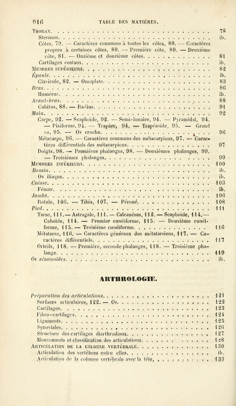 Thorax 78 Sternum ib, Cùlcs, 79. — Caractères communs à toutes les côtes, 80. — Caractères propres à certaines côtes, 80. — Première côte, 80. — Deuxième côte, 81. —Onzième et douzième côtes 81 Cartilages costaux ih, Membres supérieurs 82 Épaule ib. Clavicule, 82. — Omoplate 83 Bms 8G Humérus ib. Avant-bras 88 Cubitus, 88. ^ Ba.lius 94 Main 92 Carpe, 92. —Scaphoïde, 92. —Semi-kmaire, 94. — Pvramidal, 94. — Pisiforme, 9i. —• Trapèze, 94. ^^ Trapézoïde, 95. — Grand os, 95. — Os crochu 90 Métacarpe, 96. ■— Caractères communs des métacarpiens, 97. — Carac- tères différentiels des métacarpiens 97 Doigts, 98. — Premières phalanges, 98. — Deuxièmes phalanges, 99. — Troisièmes phalanges 99 Membres inférieurs iOO Bassin ib. Os iliaque. ib. Cuisse , 103 Fémur , ib. Jambe 406 Rotule, 4 00. — Tibia, 4 07. — Péroné 408 Pied 4 44 Tarse, 111,— Astragale, 4 14. — Calcanéum, 442. — Scaphoïde, 144.— Cuboïde, 4 4 4. — Premier cunéiforme, 14 5. — Deuxième cunéi- forme, 415.—- Troisième cunéiforme 116 Métatarse, 4 40. — Caractères généraux des métatarsiens, 4 47. — Ca- ractères différenliels 117 Orteils, 4 4 8. —Première, seconde phalanges, il 8. — Troisième pha- lange 149 Os sésamoïdes ib, ARTIIR0L06IE. Préparation des articulations 421 Surfaces articulaires, 122.— Os , 122 Cartilages 423 Fibro-cartilagcs. 424 Ligaments 425 Synoviales , 4 20 Structure des cartilages diarthrodiaux 127 Mouvements et classification des articulations \i% Articulation de la colonne vertébrale 4 30 Articulation des vertèbres entre elles • • . . ih. (Arljcnlatipn de la colonne vertébrale avec la tête, ,,,,.,..,., 433
