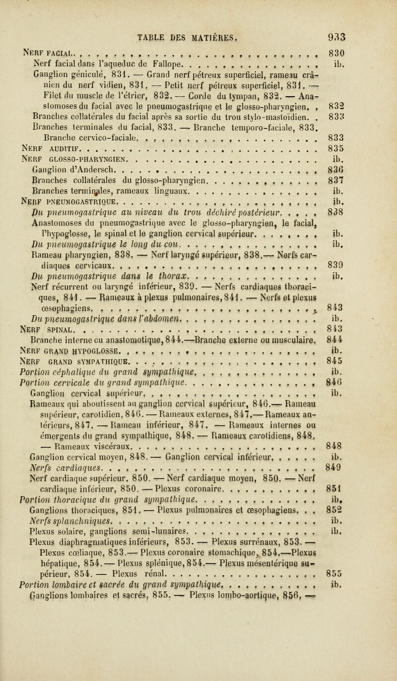 Nerf faciai 830 Nerf facial dans l'aqueduc, de Fallope , . . , ib. Ganglion géniculé, 831. — Grand nerf pétreux superficiel, rameau crâ- nien du nerf vidien, 831, — Petit nerf pétreux superficiel, 831. — Filet du muscle de l'étrier, 832. — Corde du tympan, 832. — Ana- stomoses du facial avec le pneumogastrique et le glosso-pliaryngien. , 832 Brandies collatérales du facial après sa sortie du trou st>lo-mastoïdien. . 833 Branches terminales du facial, 833. — Branche temporo-faciale, 833. Branche cervico-faciale. . , . , , , 833 Nerf auditif , 835 Nerf glosso-pharyngien ib. Ganglion d'Andersch 836 Branches collatérales du glosso-pharj-ngien ,,,.,., 837 Branches termii^les, rameaux linguaux ib. Nerf pneumogastrique , , , , , , ih. Pli pneumogastrique au niveau du trou déchiré postérieur 838 Anastomoses du pneumogastrique avec le glosso-pharyngien, le facial, l'hypoglosse, le spinal et le ganglion cervical supérieur , , ib. Bu ■pneumogastrique le long du cou ,..,., ib. Rameau pharyngien, 838. — Nerf laryngé supérieur, 838.— Nerfs car- diaques cervicaux, 839 Du pneumogastrique dans le thorax ib. Nerf récurrent ou laryngé inférieur, 839. — Nerfs cardiaques thoraci- ques, 841. --— Rameaux à plexus pulmonaires, 841. ■— Nerfs et plexus oesophagiens , . . , ^ 843 Bu pneumogastrique dans l'abdomen ib. Nerf spinal 843 Branche interne eu anaslopjotique, 844.—^Branche externe ou musculaire, 844 Nerf grand hypoglosse ib. Nerf grand sympathique. 845 Portion céphalique du grand sympathique. . . . , ib. Portion cervicale du grand sympathique , . , 846 Ganglion cervical supérieur , ib. Rameaux qui aboutissent au ganglion cervical supérieur, 846.— Rameau supérieur, carotidien, 840. — Rameaux externes, 847,— Rameaux an- térieurs, 847.— Rameau inférieur, 847. —Rameaux internes ou émergents du grand sympathique, 848. — Rameaux carotjdiens, 848, — Rameaux viscéraux , 848 Ganglion cervical moyen, 848.— Ganglion cervical inférieur ib. Nerfs cardiaques. 849 Nerf cardiaque supérieur. 850. —Nerf cardiaque moyen, 850. —Nerf cardiaque inférieur, 850.—Plexus coronaire ,...., 851 Portion thoracique du grand sympathique ib. Ganglions thoraciques, 851. — Plexus pulmonaires et œsophagiens. . . 852 Nerfs sp] an cliniques ib. Plexus solaire, ganglions semi-lunaires. . , ib. Plexus diaphragmatiques inférieurs, 853. — Plexus surrénaux, 853. — Plexus cœliaque, 853.— Plexus coronaire stomachique^ 854.—Plexus hépatique, 854.— Plexus splénique,8o4.— Plexus mésentérique su- périeur, 854. — Plexus rénal 855 Portion lombaire et sacrée du grand sympathique ib. Ganglions lombaires et sacrés, 855. — Plexus lorrjbo-aortjque, 856, —-