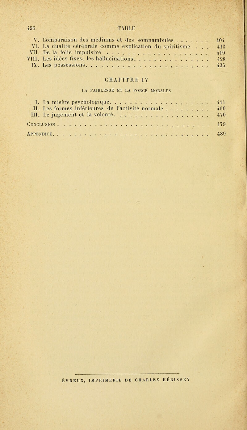 V. Comparaison des médiums et des somnambules 404 VI. La dualité cérébrale comme explication du spiritisme . . . 413 VII. De la folie impulsive 419 VIII. Les idées fixes, les hallucinations 428 IX. Les possessions 435 CHAPITRE IV LA FAIBLESSE ET LA )'0RCE MORALES I. La misère psychologique 444 II. Les formes inférieures de l'activité normale 460 III. Le jugement et la volonté 470 Conclusion 479 Appendice 489 ÉVREUX, imprimerie DE CHARLES HÉRISSEY