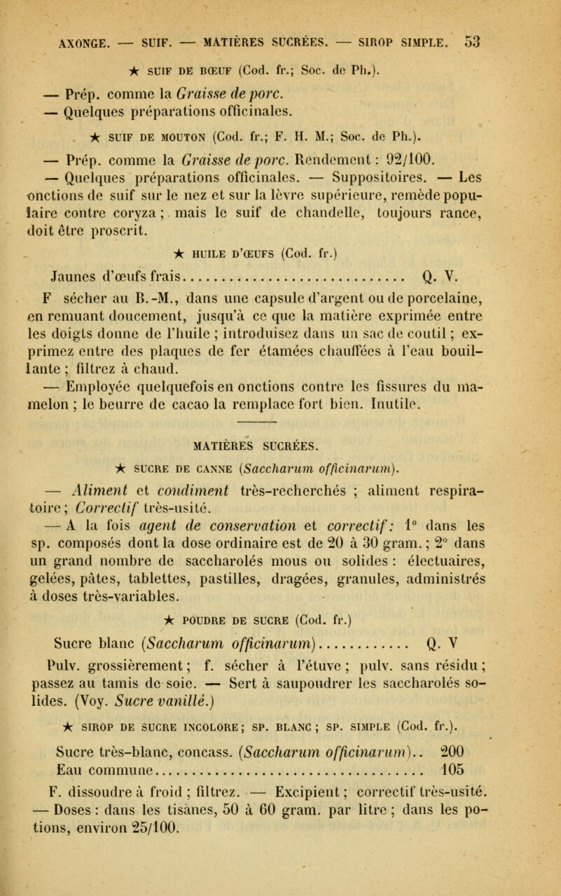 A SUIF DE BŒUF (Cod. fr.; Soc. de Ph.). — Prép. comme la Graisse de porc. — Quelques préparations officinales. ik SUIF DE MOUTON (God. fi*.; F. H. M.; Soc. do Ph.). — Prép. comme la Graisse de porc. Rendement: 92/100. — Quelques préparations officinales. — Suppositoires. — Les onctions de suif sur le nez et sur la lèvre supérieure, remède popu- laire contre coryza ; mais le suif de chandelle, toujours rance, doit être proscrit. * HUILE d'œufs (Cod. fr.) Jaunes d'œufs frais Q. V. F sécher au B.-M., dans une capsule d'argent ou de porcelaine, en remuant doucement, jusqu'à ce que la matière exprimée entre les doigts donne de l'huile ; introduisez dans un sac de coutil ; ex- primez entre des plaques de fer étamées chauffées à l'eau bouil- lante ; filtrez à chaud. — Employée quelquefois en onctions contre les fissures du ma- melon ; le beurre de cacao la remplace fort bien. Inutile. MATIÈRES SUCRÉES. iç SUCRE DE CANNE {Sacchavum offlcinarum). — Aliment et condiment très-recherchés ; aliment respira- toire; Correctif très-usité. — A la fois agent de conservation et correctif: 1° dans les sp. composés dont la dose ordinaire est de 20 à 30 gram. ; 2° dans un grand nombre de saccharolés mous ou solides : électuaires, gelées, pâtes, tablettes, pastilles, dragées, granules, administrés à doses très-variables. -k POUDRE DE SUCRE (God. fr.) Sucre blanc (Saccharum officinariim) Q. V Pulv. grossièrement ; f. sécher à l'étuve ; pulv. sans résidu ; passez au tamis de soie. — Sert à saupoudrer les saccharolés so- lides. (Voy. Sucre variillé.) iç SIROP DE SUCRE INCOLORE; SP. BLANC; SP. SIMPLE (God. fr.). Sucre très-blanc, concass. (Saccharum officinarum).. 200 Eau commune 105 F. dissoudre à froid; filtrez. — Excipient; correctif très-usité. — Doses : dans les tisanes, 50 à 60 gram. par litre ; dans les po- tions, environ 25/100.