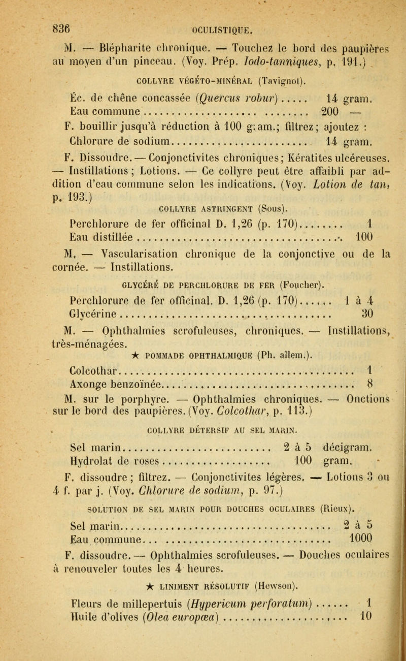 M. — Blépharite chronique. — Touchez le bord des paupières au moyen d'un pinceau. (Voy. Prép. lodo-tmmiqties, p. 191,) COLLYRE VÉGÉTO-MINKRAL (TavigilOt). Éc. de chêne concassée (Quercus rohur) 14 gram. Eau commune 200 — F. bouillir jusqu'à réduction à 100 giam.; filtrez; ajoutez : Chlorm-e de sodium 14- gram. F. Dissoudre. — Conjonctivites chroniques; Kératites ulcéreuses. — Instillations ; Lotions. — Ce collyre peut être aftaibli par ad- dition d'eau commune selon les indications. (Voy. Lotion de tan, p. 193.) COLLYRE ASTRINGENT (Sous). Perchlorure de fer officinal D. 1,26 (p. 170) 1 Eau distillée •. 100 M, — Vascularisation chronique de la conjonctive ou de la cornée. — Instillations. GLYCÉRÉ DE PERCHLORURE DE FER (Foucher). Perchlorure de fer officinal. D. 1,26 (p. 170) 1 à 4 Glycérine 30 M. — Ophthalmies scrofulcuses, chroniques. — Instillations, Irès-ménagées. * POMMADE OPHTHALMIQUE (Ph. aîlem.). Colcothar 1 Axonge benzoïnée 8 M. sur le porphyre. — Ophthalmies chroniques. — Onctions sur le bord des paupières. (Voy. Colcothar, p. 113.) COLLYRE DÉTERSIF AU SEL MARIN. Sel marin 2à5 décigram. Hydrolat de roses 100 gram. F. dissoudre ; filtrez. — Conjonctivites légères. —- Lotions 3 ou 4 f par j. (Voy. Chlorure de sodium, p. 97.) SOLUTION DE SEL MARIN POUR DOUCHES OCULAIRES (Pileu.x). Sel marin. 2 à 5 Eau commune 1000 F. dissoudre. — Ophthalmies scrofulcuses. — Douches oculaires à renouveler toutes les 4 heures. ic LINIMENT RÉSOLUTIF (Howson). Fleurs de millepertuis {Hyperictim perforatiim) 1 Huile d'olives (Olea europœa) 10