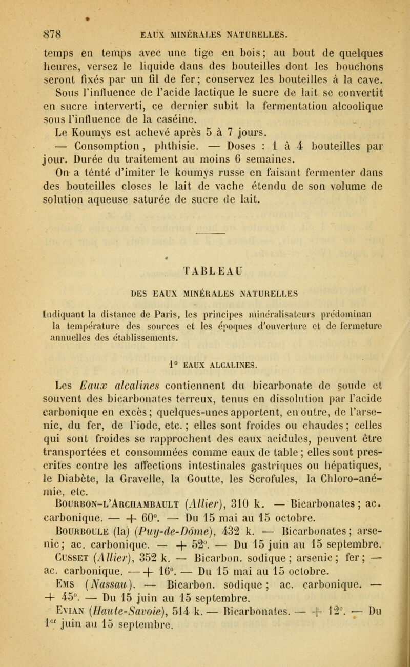 temps en temps avec une tige en bois; au bout de quelques heures, versez le liquide dans des bouteilles dont les bouchons seront fixés par un fil de fer; conservez les bouteilles à la cave. Sous rinfluence de l'acide lactique le sucre de lait se convertit en sucre interverti, ce dernier subit la fermentation alcoolique sous l'influence de la caséine. Le Koumys est achevé après 5 à 7 jours. — Consomption, phthisie. — Doses : 1 à 4- bouteilles par jour. Durée du traitement au moins 6 semaines. On a tenté d'imiter le koumys russe en faisant fermenter dans des bouteilles closes le lait de vache étendu de son volume de solution aqueuse saturée de sucre de lait. TABLEAU DES EAUX MINÉRALES NATURELLES Indiquant la distance de Paris, les principes mineralisateurs predoniinan la température des sources et les époques d'ouverture et de lermeture annuelles des établissements. 1° EAUX ALCALINES. Les Eaux alcalines contiennent du bicarbonate de soude et souvent des bicarbonates terreux, tenus en dissolution par l'acide carbonique en excès ; quelques-unes apportent, en outre, de l'arse- nic, du fer, de l'iode, etc. ; elles sont froides ou chaudes ; celles qui sont froides se rapprochent des eaux acidulés, peuvent être transportées et consommées comme eaux de table; elles sont pres- crites contre les affections intestinales gastriques ou hépatiques, le Diabète, la Gravelle, la Goutte, les Scrofules, la Chloro-ané- mie, etc. Bourbon-l'Archamrault (Allier), 310 k. — Bicarbonates; ac. carbonique. f- 60^ — Du 15 mai au 15 octobre. Bourboule (la) (Piuj-de-Dome), 432 k. — Bicarbonates; arse- nic; ac. carbonique. — -f 52^ — Du 15 juin au 15 septembre. CusSET (Allier), 352 k. — Bicarbon. sodique ; arsenic; fer; — ac. carbonique. 1- 16^ — Du 15 mai au 15 octobre. Ems (Nassau). — Bicarbon. sodique; ac. carbonique. — 4- 45°. — Du 15 juin au 15 septembre. Evian (Haute-Savoie), 514 k. — Bicarbonates. \- 12^ — Du 1 juin au 15 septembre.