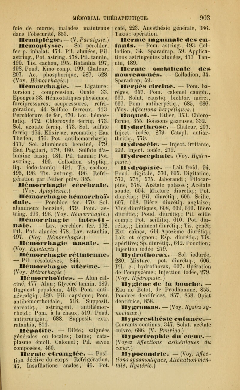 foie de morue, malades maintenus dans l'obscurité, 853. Hémiplégie. — (V. Paralysie.) IléiiiO|>t;y$<ie. — Sol. perchlor. fer p. inhalât. 171. Pil. alunées, Pil. astring., Pot. astring-. 178. Pil. tannin, 190. fis. cachou, 195. Piatanhia 197, 198. Poud. Kino comp. 199. Chaleur, 207. Ac. phosphorique, 527, 528. (Voy. Hémorrhagie.) IIéiiiori*liajs;ie. — Ligature: torsion ; compression. Ouate 33. Eponges 38. Hémostatiques physiques, forcipressures, acupressures, réfri- gération, 44. Sulfate ferreux, 113. Perchlorure de fer, 170. Lot. hcmos- tatiq. 172. Chloroxyde ferriq. 173. Sol. azotate ferriq. 173. Sol. sulfate ferriq. 174. Elixir ac. aromatiq.; Eau Theden, 176. Pot. antihémorrhagiq. 177. Sol. alumineux benzine, 179. Eau Pagliari, 179, 180. Sulfate d'a- lumine basiq. 181. Pil. tannin; Pot. astring., 190. Collodion styptiq., liq. iodo-tanniq. 191. Tis. cachou, 195, 196, Tis. astring. 196. Réfri- gération par l'élher pulv. 345. Hémorrhagie cérébrale. — (Voy. Aploplexie.) Hémorrhagie hémorrhoï- dale. — Perchlor. fer. 170. Sol. alumineux benzine, 179. Pom. as- tring. 193, 198. (Voy. Hémorrhagie.) Hémor rhag ie intes t i - nale. — Lav. perchlor. fer, 172. Pil, Pot. alunées 178. Lav. ratanhia, 197. (Voy. Héînorrhagie.) Hémorrhagie natale. — (Voy. Epistaxis) Hémorrhagie rétinienne. — Pil. résolutives, 844. Hémorrhagie utérine. — (Voy. Métrorhagie ) Hémorrhoïcle.s. — Alun cal- ciné, 177 Alun ; Glycéré tannin, 189. Onguent populéum, 419. Pom. anti- névralgiq., 420. Pil. capsique; Pom. antihémorrhoïdale, 518. Supposit. narcotiq., astringent, antihémor- rhoid.; Pom. à la chaux, 519. Poud. antiprurigin., 688. Supposit. extr. ratanhia, 811. Hépatite. — Diète; saignées générales ou locales; bains; cata- plasme émoll. Calomel ; Pil. savon composées, 460. Hernie étranglée. — Posi- tion déclive du corps Réfrigération, 45. Insufflations anales, 46. Pot. café, 223. Anesthésie générale, 386. Taxis ; opération. Hernie inguinale tien en- fantas. — Pom. astring., 193. Col- lodion, 34. Sparadrap, 59. Applica- tions astringentes alunées, 177 Tan- nin, 189. Hernie on^bilicale des nouveau-nés. — Collodion, 34. Sparadrap, 59. Herpès circiné. — Pom. ba- réges, 657. Pom. calomel camph.,. 667. Solut. caustiq. bichlor. merc.,. 667. Pom. antiherpétiq., 685, 686. (Voy. Affections herpétiques.) Hoc|uet. — Ether, 353. Chloro- forme, 355. Boissons gazeuses, 332. Hydarthrose. —Chaleur, 207. Inject. iodée, 279. Catapl. antiar- thritiq., 779. Hydrocèle. — Tnject. irritante, 222. Inject. iodée, 279. Hydrocéphale. (Voy. Hydre- pisie.) Hydropisie. — Lait froid, 94. Poud. digitale, 570, 605. Digitaline, 573, 574, 575. Jaborandi ; Pilocar- pine, 578. Acétate potasse; Acétate soude, 004. Mixture diuretiq.; Pot. diurétiq.; Pil, diuretiq., 606. Scille, 607, 608. Bière diui'étiq. anglaise; Vins diurétiques, 608, 609, 610. Bière diurétiq.; Poud. diurétiq.; Pil, scille comp.; Pot, scillitiq, 610. Pot. diu- rétiq.,; Liniment diurétiq.; Tis. genêt; Ext. caïnça, OllApozème diurétiq.; Lait et oignon; Esp. diurétiq.; Tis. apéritive; Sp. diurétiq., 612. Ponction ; Injection iodée 279. Hydrothorax. — Sol. iodurée, 280. Mixture, pot. diurétiq.,^ 606. Pil. c; hydrothorax, 607. Opération de l'empyzème; Injection iodée, 279. (Voy. Hydropisie.) Hygiène de la bouche. — Eau de Botot, de Prudhonnne, 855. Poudres dentifrices, 857, 858. Opiat dentifrice, 858. Hygromas. — (Voy. Kystes sy^ noviaux.) Hyperesthésie cutanée.— Courants continus, 347. Solut. acétate cuivre, 686. (V. Prurigo.) Hypertrophie du cœur.— (Voyez Affections asthéniques du cœur.) Hypocondrie. — (Voy. Affec- tions spasmodiques, Aliénationmen- taie. Hystérie.)