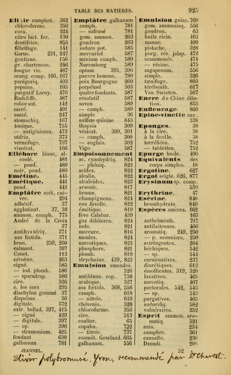 EliiBi* camphré. 362 chloroforme. 356 coca. 224 citro lact. fer. 430 dentifrice. 855 fébrifuge. 141 Garus. 231, 247 gentiane. 156 gr. chartreuse. 246 longue vie. 487 orang. comp. 166, 167 paregoriq. pepsine. purgatif Leroy. Radcliffe. roborant. sacre'. santé. stomachiq. tonique. utérin vermifuge. viscéral, Klléborc blanc coolé. — poud. noir, poud, Emétine. Eiuétiqne. poud. Emplâtre acét. cui- vre. 294 adhésif. 37 agglutinât. 37, 38 ammon. campli. 775 André de la Croix 37 antihystériq. asa fœtida. 403 103 476 487 142 491 247 167 755 473 373 797 166 al- 481 480 480 445 441 441 brun. 259, •calmant. Canet. céroène. ciguë. — iod. plomb. — sparadrap, cire. c. les cors diachylon gommé diapalme dicfitale. extr. bellad. 397, 415 371 371 260 397 113 263 585 586 586 326 295 37 36 572 — cigue — digitale. — op. — stramonium. fondant galbanum JEANNEL. 429 397 396 425 630 781 TABLE DES MATIERES. Emplâtre galbanum camph. 781 — safrané 781 gom. ammon. 263 goudron 263 iodure pot. 585 mercuriel 587 minium camph. 589 Nuremberg 589 opium 395, 396 pauvre homme. 780 poix Bourgogne 260 perpétuel 303 quatre fondants. 587 résolutif 587 savon 589 — camph. 589 simple 36 sulfate quinine 643 thapsia 309 vésicat. 300, 301 — camph. 300 — anglais. 302 Vigo 587 Empoissonnement ac. cyanhydriq. 824 — phéniq. 822 acides. 822 alcalis. 822 alcaloïdes. 823 arsenic. 817 brome. 821 champignons. 824 eau Javelle. 822 émé tique. 819 fève Calabar. 439 gaz délétères. 824 iode. 821 mercure. 816 moules. 824 narcotiques. 823 phosphore. 821 plomb. 819 strychnine. 439, 823 Emu5$$ion amandes. 326 antiblenn. cop. 738 arabique. 327 asa fœtida. 368, 556 camph. 618 — nitrée. 619 chévenis. 328 chloroforme. 356 cire. 513 coaltar. 65 copahu. 732 — titrée. 737 cosmét. Govvland. 665 galbanum. 556 \ 925 EmuliSion gaïac. 769 gom. ammoniaq. 556 goudron. 63 huile ricin. 493 manne. 499 pistache. 328 purg. rés, jalap. 472 scammonée. 474 — résine. 475 sagapenum. 556 simple. 326 taenifuge. 803 térébenth. 617 Van Swieten, 507 Encre de Chine dilu- tion. 853 EnfleiirajSfe. 860 Epîne-vinette suc. 338 Eponges. 38 à la cire. 38 à la ficelle. 38 torréfiées. 752 — tablettes. 752 Epurge huile. 496 Equivalents des corps simples. 18 Ergotine. 627 Ergot seig-le. 626, 877 Erysinumsp. comp. 539 Erytiirine. 47 E se ri ne. 848 bromhydrate. 849 Espèces amères. 162 163 anthelminth. 797 antilaiteuses. 466 aromatiq. 249, 250 — p. sommiers. 250 astringentes. 204 béchiques. 542 — sp. 544 carminatives. 237 diurétiques. 612 émollientes. 319, 320 laxatives. 465 narcotiq. 407 pectorales. 542, 543 — sp. 543 purgatives. 465 sudorifiq. 582 vulnéraires. 252 Esprit ammon. aro- matiq. 521 anis. 234 camphre. 361 cannelle. 230 Dzondi. 20S