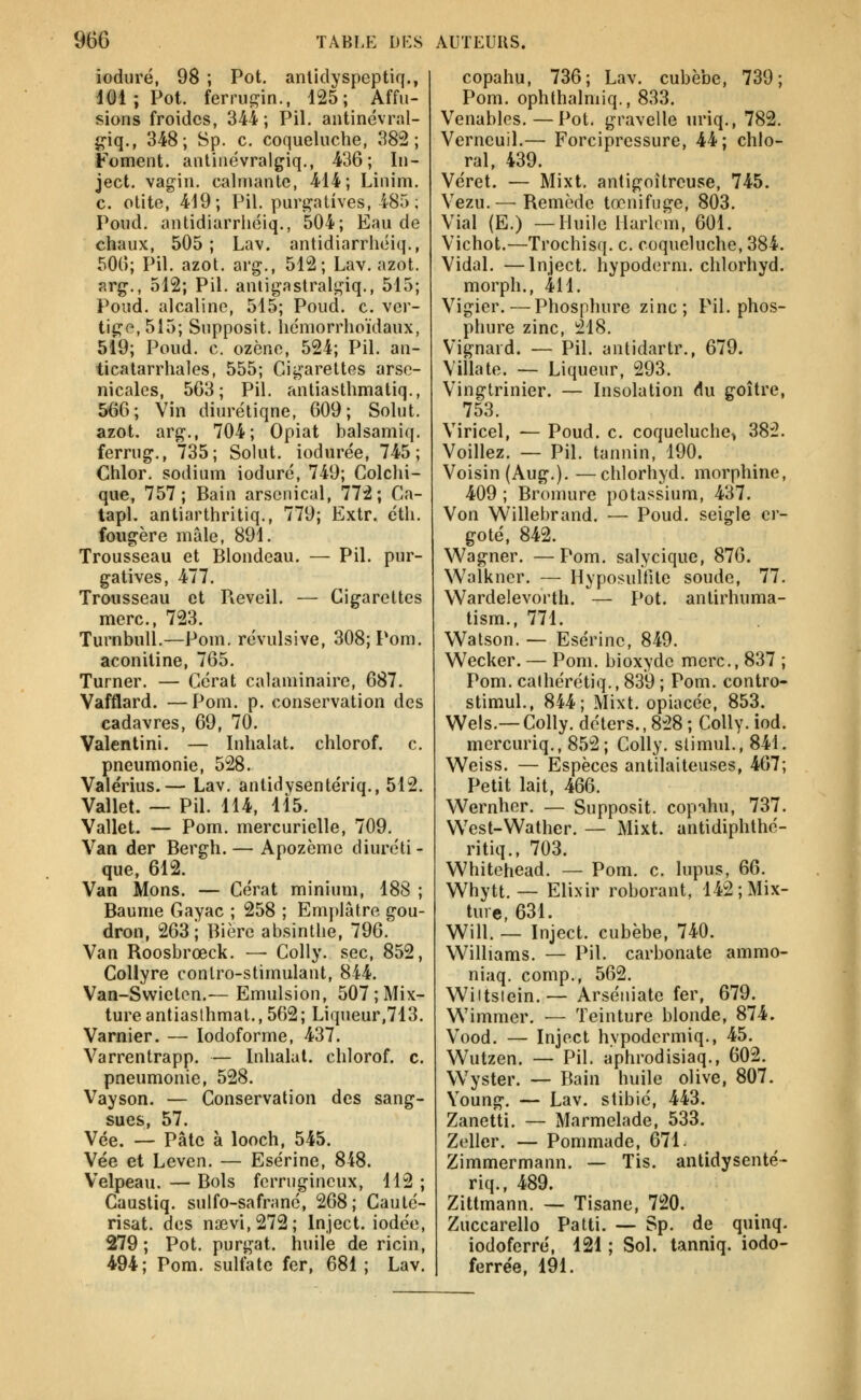 iodiiré, 98 ; Pot. anlidyspeptiq., 401; Pot. ferruc:in., 125; Affu- sions froides, 344; PU. antinévral- g-iq., 348; Sp. c. coqueluche, 382; Foment. antiiiëvralgiq., 436; lu- ject. vagin, calmante, 414; Linim. c. otite, 419; Pil. purgatives, 485 ; Poud. antidiarrliéiq., 504; Eau de chaux, 505; Lav. antidiarrliéiq., 506; Pil. azot. arg., 512; Lav. azot. arg., 512; Pil. aniigastralgiq., 515; Poud. alcaline, 515; Poud. c. ver- tige, 515; Supposit. licmorrhoïdaux, 519; Poud. c. ozène, 524; Pil. an- ticatarrhales, 555; Cigarettes arse- nicales, 563; Pil. antiasthmatiq., 566; Vin diurétiqne, 609; Solut. azot. arg., 704; Opiat balsamiq. ferrug., 735; Solut. iodurée, 745; Chlor. sodium ioduré, 749; Colchi- que, 757; Bain arsenical, 772; Ca- tapl. antiarthritiq., 779; Extr. éth. fougère mâle, 891. Trousseau et Blondeau. — Pil. pur- gatives, 477. Trousseau et Pieveil. — Cigarettes merc, 723. Turnbull.—Pom. révulsive, 308; Pom. aconitine, 765. Turner. — Cérat calaminaire, 687. Vafflard. — Pom. p. conservation des cadavres, 69, 70. Valentini. — Inhalât, chlorof. c. pneumonie, 528. Valérius.— Lav. antidysentériq., 512. Vallet. — Pil. 114, 115. Vallet. — Pom. mercurielle, 709. Van der Bergh. — Apozèmc diuréti- que, 612. Van Mons. — Cérat minium, 188 ; Baume Gayac ; 258 ; Emplâtre gou- dron, 263; Bière absinthe, 796.' Van Roosbrœck. — CoUy. sec, 852, Collyre conlro-stimulant, 844. Van-Swieton.— Emulsion, 507 ; Mix- ture antiasthmat., 562; Liqueur,713. Varnier. — lodoforme, 437. Varrentrapp. — Inhalai, chlorof. c, pneumonie, 528. Vayson. — Conservation des sang- sues, 57. Vde. — Pâte à looch, 545. Vée et Leven. — Esérine, 848. Velpeau. — Bols ferrugineux, 112 ; Caustiq. sulfo-safrané, 268; Cauté- risât, des naîvi,272; Inject. iodée, 279; Pot. purgat. huile de ricin, 494; Pom. sulfate fer, 681 ; Lav. copahu, 736; Lav. cubèbe, 739; Pom. ophthalniiq., 833. Venables.—Pot. gravelle uriq., 782. Verneuil.— Forcipressure, 44; chlo- ral, 439. Véret. — Mixt. antigoîtreuse, 745. Vezu. — Remède tœnifuge, 803. Vial (E.) —Huile Harlem, 601. Vichot.—Trochisq. c. coqueluche, 384. Vidal. —Inject. hypoderm. chlorhyd. morph., 411. Vigier. — Phosphure zinc; Pil. phos- phure zinc, 218. Vignard. — Pil. antidartr., 679. Villa te. — Liqueur, 293. Vingtrinier. — Insolation du goitre, 753. Viricel, — Poud. c. coqueluche^ 382. Voiliez. — Pil. tannin, 190. Voisin (Aug.). —chlorhyd. morphine, 409 ; Bromure potassium, 437. Von Willebrand. — Poud. seigle er- goté, 842. Wagner. —Pom. salycique, 876. Walkncr. — Hyposuliite soude, 77. Wardelevorth. — Pot. antirhuma- tism., 771. Watson. — Esérine, 849. Wecker. — Pom. bioxyde merc, 837 ; Pom. caihérétiq., 839 ; Pom. contro- stimul., 844; Mixt. opiacée, 853. Wels.—Colly. déters., 828 ; Colly. iod. mercuriq., 852; Colly. slimul., 841. Weiss. — Espèces antilaiteuses, 467; Petit lait, 466. Wernher. — Supposit. copahu, 737. West-Wather. — Mixt. antidiphlhé- ritiq., 703. Whitehead. — Pom. c. lupus, 66. Whytt. — Elixir roborant, 142; Mix- ture, 631. Will. — Inject. cubèbe, 740. Williams. — Pil. carbonate ammo- niaq. conip., 562. Wiitsiein.— Arséiiiate fer, 679. Wimmer. — Teinture blonde, 874. Vood. — Inject hypodermiq., 45. Wutzen. — Pil. aphrodisiaq., 602. Wyster. — Bain huile olive, 807. Voung. — Lav. stibié, 443. Zanetti. — Marmelade, 533. Zeller. — Pommade, 671. Zimmermann. — Tis. antidysenté- riq., 489. Zittmann. — Tisane, 720. Zuccarello Patti. — Sp. de quinq. iodoferré, 121 ; Sol. tanniq. iodo- ferre'e, 191.