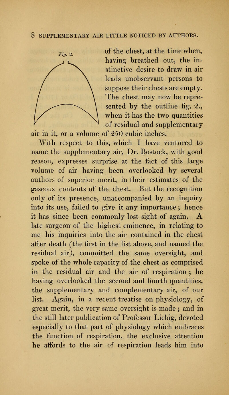 of the chest, at the time when, having breathed out, the in- stinctive desire to draw in air leads unobservant persons to suppose their chests are empty. The chest may now be repre- sented by the outline fig. 2., when it has the two quantities of residual and supplementary air in it, or a volume of 250 cubic inches. With respect to this, which I have ventured to name the supplementary air, Dr. Bostoek, with good reason, expresses surprise at the fact of this large volume of air having been overlooked by several authors of superior merit, in their estimates of the gaseous contents of the chest. But the recognition only of its presence, unaccompanied by an inquiry into its use, failed to give it any importance; hence it has since been commonly lost sight of again. A late surgeon of the highest eminence, in relating to me his inquiries into the air contained in the chest after death (the first in the list above, and named the residual air), committed the same oversight, and spoke of the whole capacity of the chest as comprised in the residual air and the air of respiration ; he having overlooked the second and fourth quantities, the supplementary and complementary air, of our list. Again, in a recent treatise on physiology, of great merit, the very same oversight is made ; and in the still later publication of Professor Liebig, devoted especially to that part of physiology which embraces the function of respiration, the exclusive attention he affords to the air of respiration leads him into