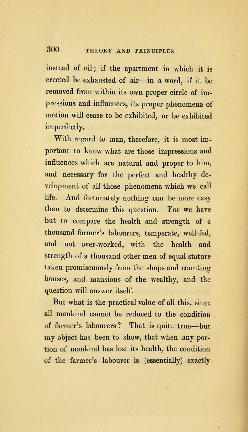 instead of oil; if the apartment in which it is erected be exhausted of air—in a word, if it be removed from within its own proper circle of im- pressions and influences, its proper phenomena of motion will cease to be exhibited, or be exhibited imperfectly. With regard to man, therefore, it is most im- portant to know what are those impressions and influences which are natural and proper to him, and necessary for the perfect and healthy de- velopment of all those phenomena which we call life. And fortunately nothing can be more easy than to determine this question. For we have but to compare the health and strength of a thousand farmer's labourers, temperate, well-fed, and not over-worked, with the health and strength of a thousand other men of equal stature taken promiscuously from the shops and counting houses, and mansions of the wealthy, and the question will answer itself. But what is the practical value of all this, since all mankind cannot be reduced to the condition of farmer's labourers ? That is quite true—but my object has been to show, that when any por- tion of mankind has lost its health, the condition of the farmer's labourer is (essentially) exactly