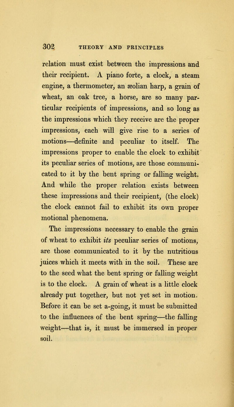 relation must exist between the impressions and their recipient. A piano forte, a clock, a steam engine, a thermometer, an seolian harp, a grain of wheat, an oak tree, a horse, are so many par- ticular recipients of impressions, and so long as the impressions which they receive are the proper impressions, each will give rise to a series of motions—definite and peculiar to itself. The impressions proper to enable the clock to exhibit its peculiar series of motions, are those communi- cated to it by the bent spring or falling weight. And while the proper relation exists between these impressions and their recipient, (the clock) the clock cannot fail to exhibit its own proper motional phenomena. The impressions necessary to enable the grain of wheat to exhibit its peculiar series of motions, are those communicated to it by the nutritious juices which it meets with in the soil. These are to the seed what the bent spring or falling weight is to the clock. A grain of wheat is a little clock already put together, but not yet set in motion. Before it can be set a-going, it must be submitted to the influences of the bent spring—the falling weight—that is, it must be immersed in proper soil.