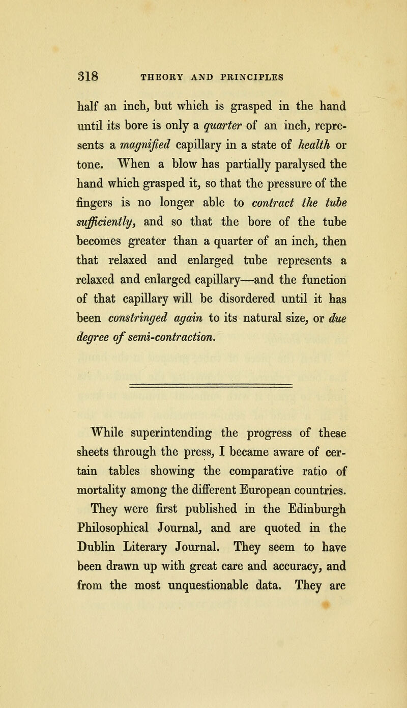 half an inch, but which is grasped in the hand until its bore is only a quarter of an inch, repre- sents a magnified capillary in a state of health or tone. When a blow has partially paralysed the hand which grasped it, so that the pressure of the fingers is no longer able to contract the tube sufficienttyj and so that the bore of the tube becomes greater than a quarter of an inch, then that relaxed and enlarged tube represents a relaxed and enlarged capillary—and the function of that capillary will be disordered until it has been constringed again to its natural size, or due degree of semi-contraction. While superintending the progress of these sheets through the press, I became aware of cer- tain tables showing the comparative ratio of mortality among the different European countries. They were first published in the Edinburgh Philosophical Journal, and are quoted in the Dublin Literary Journal. They seem to have been drawn up with great care and accuracy, and from the most unquestionable data. They are