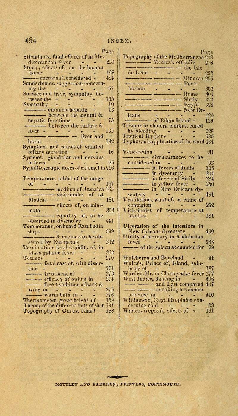 Page Stimulants, fatal effects of in Me- diterr;ini\iii fever - - 250 Stu(iy, effects of, on tiie human frame _ _ . . 422 ■ —nocturnal,considered - 424 Sunderbunds, suggestions concern- ing the - ' - - - 67 Surface and liver, sj-mpathy be- tween the - - - - 165 Sympathy - - _ _ 10 cutaneo-hepatic - 13 between the mental & hepatic functions - - 75 ■ between the surface & liver ----- 165 — liver and brain - - . - 182 Symptoms and causes of vitiated biliary secretion - - 16 Systems, glandular and nervous in fever - - - - 25 Syphilis,scruple doses of'calomcl in 216 Temperature, tables of the ranse of - - - - - 157 • ^ medium of Jamaica 163 ■ vicissitudes of at Madras - - - - 181 eflecis of, on mias- mata . - - . 358 equality of, to be observed in dysentery -■ 441 Temperance, on board feast India ships . ... 399 . & coolness to be ob- serv' by Europeans - S32 Teniiioation, fatal rapiditj' of, in iVlttriegalante fever - - 362 Tetanus - - - - 370 fatal case of, with dissec- tion 371 • treatment of - - 373 efficacy of opiiim in 374 • free exhibition of bark & wine in - - - - S75 warm bath in - - 376 Thermometer, great height of 159 Theory ofthe different tints of skin 191 topography of Onrust Island 128 Page Topography of the Mediterraneans'];^ Medical. ofCadiz 278 the Isle de Leon - - _ - 292 Minorca 295 Port- ]\Iahon . . - -. 303 Rome 303 Egypt 328 leans New Or- of Edam Island - 425 129 Trismus in cholera morbus, cured by bleeding _ _ _ 228 Tropical Hygiene - - 380 Typhns,misappUcatioH ofthe word 464 Venesection ... gi circumstances to be considered in - - - in fevers of India in dysentery in fevers of Sicily .— in yellow fever - in New Orleans dy- 33 105 204 324 350 sentery - - . - 431 Ventilation, want of, a cause of contagion _ - _ 262 Vicissitudes of temperature at Madras - - - - 181 Ulceration of the intestines in New Orleans dysentery - 439 Utility of m-.rcury in Andalusian fever - - - - 288 of the spleen accounted for 29 Walcheren and Beveland - 41 Wales's, Prince of, Island, salu- brity of - - - - 187 AVarden,Mr.on Chesapeake fever 377 West Indies, dancing in - 40S and East compared 407 smoaking a common practice in - _ - 410 Williamson, Capt. hisopinion con- cerning cold - _ - 53 Winter, tropical, effects of •• HI MOTTLEY AND HARRISON, PRINTEIIS, PORTSMOUTH.
