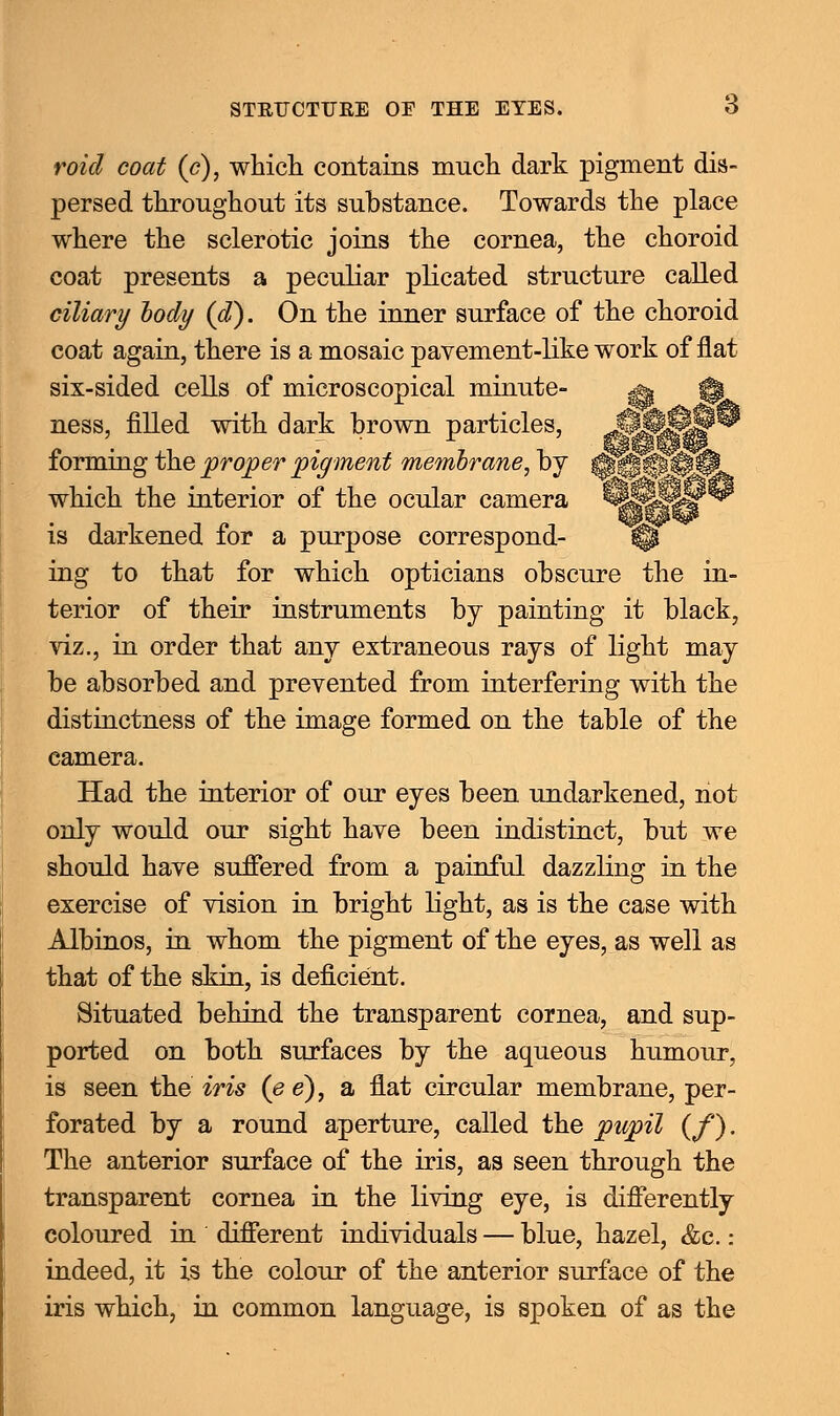 void coat (c), which contains much dark pigment dis- persed throughout its substance. Towards the place where the sclerotic joins the cornea, the choroid coat presents a peculiar plicated structure called ciliary tody (d). On the inner surface of the choroid coat again, there is a mosaic pavement-like work of flat six-sided cells of microscopical minute- ^ ^ ness, filled with dark brown particles, Js$f0^ forming the proper pigment membrane, by @s@|»iii^jj' which the interior of the ocular camera %f||i|jj is darkened for a purpose correspond- © ing to that for which opticians obscure the in- terior of their instruments by painting it black, viz., in order that any extraneous rays of light may be absorbed and prevented from interfering with the distinctness of the image formed on the table of the camera. Had the interior of our eyes been undarkened, not only would our sight have been indistinct, but we should have suffered from a painful dazzling in the exercise of vision in bright light, as is the case with Albinos, in whom the pigment of the eyes, as well as that of the skin, is deficient. Situated behind the transparent cornea, and sup- ported on both surfaces by the aqueous humour, is seen the iris (e e), a flat circular membrane, per- forated by a round aperture, called the pupil (f). The anterior surface of the iris, as seen through the transparent cornea in the living eye, is differently coloured in different individuals — blue, hazel, &c.: indeed, it is the colour of the anterior surface of the iris which, in common language, is spoken of as the