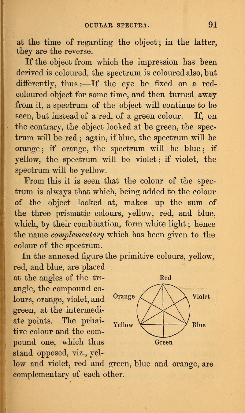 at the time of regarding the object; in the latter, they are the reverse. If the object from which the impression has been derived is coloured, the spectrum is coloured also, but differently, thus :■—If the eye be fixed on a red- coloured object for some time, and then turned away from it, a spectrum of the object will continue to be seen, but instead of ared, of a green colour. If, on the contrary, the object looked at be green, the spec- trum will be red ; again, if blue, the spectrum will be orange; if orange, the spectrum will be blue; if yellow, the spectrum will be violet; if violet, the spectrum will be yellow. From this it is seen that the colour of the spec- trum is always that which, being added to the colour of the object looked at, makes up the sum of the three prismatic colours, yellow, red, and blue, which, by their combination, form white light; hence the name complementary which has been given to the colour of the spectrum. In the annexed figure the primitive colours, yellow, red, and blue, are placed , at the angles of the tri- Red angle, the compound co- lours, orange, violet, and green, at the intermedi- ate points. The primi- tive colour and the com- pound one, which thus stand opposed, viz., yel- low and violet, red and green, blue and orange, are complementary of each other. Orange Yellow Violet Blue Green