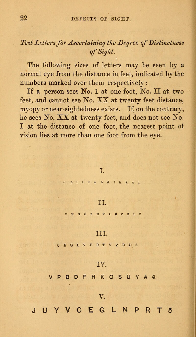 Test Letters for Ascertaining the Degree of Distinctness of Sight. The following sizes of letters may be seen by a normal eye from the distance in feet, indicated by the numbers marked over them respectively : If a person sees No. 1 at one foot, No. II at two feet, and cannot see No. XX at twenty feet distance, myopy or near-sightedness exists. If, on the contrary, he sees No. XX at twenty feet, and does not see No. I at the distance of one foot, the nearest point of vision lies at more than one foot from the eye. I. nprtvsbdfhfcol II. PH SOS TDYABCGL2 III. CEGLNPRTVZBD3 IY. VPBDFHKOSUYA4 V. JUYVCEGLNPRT5