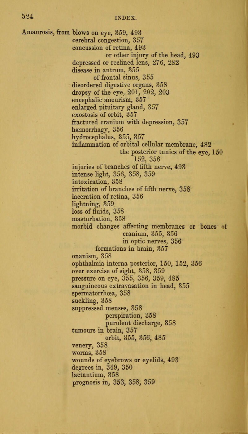 Amaurosis, from blows on eye, 359, 493 cerebral congestion, 357 concussion of retina, 493 or otber injury of the head, 493 depressed or reclined lens, 276, 282 disease in antrum, 355 of frontal sinus, 355 disordered digestive organs, 358 dropsy of the eye, 201, 202, 203 encephalic aneurism, 357 enlarged pituitary gland, 357 exostosis of orbit, 357 fractured cranium with depression, 357 haemorrhagy, 356 hydrocephalus, 355, 357 inflammation of orbital cellular membrane, 482 the posterior tunics of the eye, 150 152, 356 injuries of branches of fifth nerve, 493 intense light, 356, 358, 359 intoxication, 358 irritation of branches of fifth nerve, 358 laceration of retina, 356 lightning, 359 loss of fluids, 358 masturbation, 358 morbid changes affecting membranes or bones of cranium, 355, 356 in optic nerves, 356 formations in brain, 357 onanism, 358 ophthalmia interna posterior, 150, 152, 356 over exercise of sight, 358, 359 pressure on eye, 355, 356, 359, 485 sanguineous extravasation in head, 355 spermatorrhoea, 358 suckling, 358 suppressed menses, 358 perspiration, 358 purulent discharge, 358 tumours in brain, 357 orbit, 355, 356, 485 venery, 358 worms, 358 wounds of eyebrows or eyelids, 493 degrees in, 349, 350 lactantium, 358 prognosis in, 353, 358, 359
