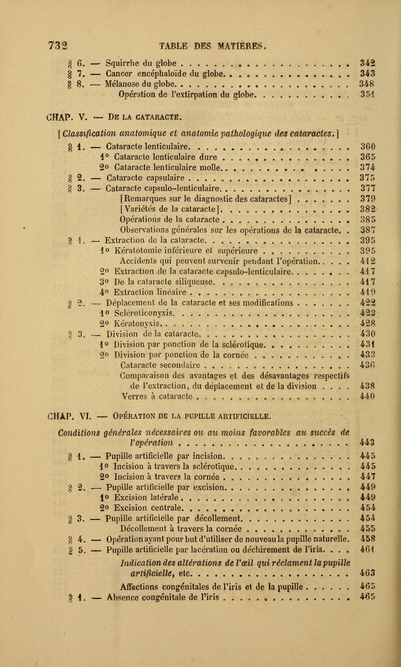 § 6. —■ Squirrhe du globe 342 g 7. — Cancer encéphaloïde du globe. . . 343 | 8. — Mélanose du globe 348 Opération de l'extirpation du globe 3 Fil CHAP. V. — De la cataracte. [Classification anatomique et anatomie pathologique des cataractes.] g 1. — Cataracte lenticulaire . 360 4° Cataracte lenticulaire dure 365 2° Cataracte lenticulaire molle 374 § 2. — Cataracte capsulaire 375 g 3. — Cataracte capsulo-lenticulaire 377 [Remarques sur le diagnostic des cataractes] ....... 379 [Variétés de la cataracte] 382 Opérations de la cataracte 385 Observations générales sur les opérations de la cataracte. . 387 g 1. — Extraction de la cataracte 395 1° Kératotoraie inférieure et supérieure , . . 395 Accidents qui peuvent survenir pendant l'opération 412 2° Extraction de la cataracte capsulo-lenticulaire 417 3° De la cataracte siliqueuse 417 4° Extraction linéaire 419 g 2. — Déplacement de la cataracte et ses modifications 422 1° Scléroliconyxis 423 2° Kératonyxis 428 g 3. — Division de la cataracte 430 •1° Division par ponction de la sclérotique 431 2° Division par ponction de la cornée 433 Cataracte secondaire 43H Comparaison des avantages et des désavantages respectifs de l'extraction, du déplacement et de la division .... 438 Verres à cataracte 440 CHAP. VI. — Opération de la pupille artificielle. Conditions générales nécessaires ou au moins favorables au succès de l'opération 443 g 1. — Pupille artificielle par incision 445 1° Incision à travers la sclérotique 445 2° Incision à travers la cornée 447 g 2. —■ Pupille artificielle par excision 449 1<> Excision latérale 449 2° Excision centrale 454 g 3. — Pupille artificielle par décollement 454 Décollement à travers la cornée 455 g 4. — Opération ayant pour but d'utiliser de nouveau la pupille naturelle. 458 g 5. — Pupille artificielle par lacération ou déchirement de l'iris. . . . 461 Indication des altérations de Vœil qui réclament lapupille artificielle, etc 463 Affections congénitales de l'iris et de la pupille 465 g 1. — Absence congénitale de l'iris 465