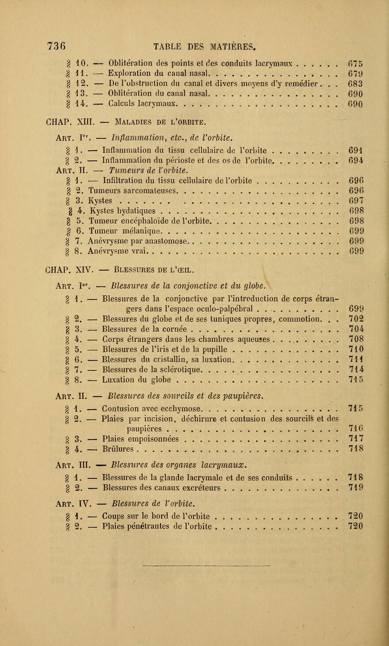 g 40. — Oblitération des points et des conduits lacrymaux 675 .g 14. — Exploration du canal nasal 679 § 4 2. — De l'obstruction du canal et divers moyens d'y remédier. . . 683 § 43. — Oblitération du canal nasal 690 g 44. — Calculs lacrymaux 690 GHAP. XIII. — Maladies de l'orbite. Art. Ier. — Inflammation, etc., de l'orbite. § 4. — Inflammation du tissu cellulaire de l'orbite 694 g 2. — Inflammation du périoste et des os de l'orbite 694 Art. II. — Tumeurs de l'orbite. § 4. — Infiltration du tissu cellulaire de l'orbite 696 g 2. Tumeurs sarcomateuses 696 § 3. Kystes 697 g 4. Kystes bydatiques 698 g 5. Tumeur encéphaloïde de l'orbite. 698 § 6. Tumeur mélanique 699 § 7. Anévrysme par anastomose 699 g 8. Anévrysme vrai. 699 GHAP. XIV. — Blessures de l'œil. Art. I. — Blessures de la conjonctive et du globe. g 4. — Blessures de la conjonctive par l'introduction de corps étran- gers dans l'espace oculo-palpébral . 699 g 2. — Blessures du globe et de ses tuniques propres, commotion. . . 702 g 3. — Blessures de la cornée 704 g 4. — Corps étrangers dans les chambres aqueuses. . 708 g 5. — Blessures de l'iris et de la pupille 710 g 6. — Blessures du cristallin, sa luxation 741 g 7. — Blessures de la sclérotique 744 g 8. — Luxation du globe 74 5 Art. II. — Blessures des sourcils et des paupières. g 4. — Contusion avec ecchymose 715 g 2. — Plaies par incision, déchirure et contusion des sourcils et des paupières 710 g 3. — Plaies empoisonnées 717 g 4. — Brûlures . 718 Art. III. — Blessures des organes lacrymaux. g 4. — Blessures de la glande lacrymale et de ses conduits 748 g 2. — Blessures des canaux excréteurs 719 Art. IV. — Blessures de l'orbite. g 4. — Coups sur le bord de l'orbite 720 g 2. — Plaies pénétrantes de l'orbite 720