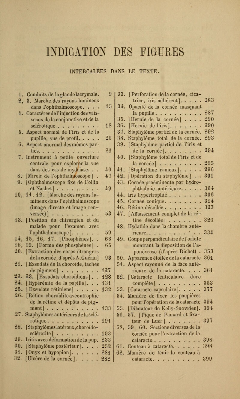 INDICATION DES FIGURES INTERCALEES DANS LE TEXTE. 10, 13. 14, 18, 20. 21. 22. M. 25. 26. 27. Conduits de la glande lacrymale. 9 3. Marche des rayons lumineux dans l'ophthalmoscope. ... 15 Caractères del'injection des vais- seaux de la conjonctive et de la sclérotique 18 Aspect normal de l'iris et de la pupille, vus de profil 26 Aspect anormal des mêmes par- ties 26 Instrument à petite ouverture centrale pour explorer la vue dans des cas de mydriase. . . 40 [Miroir de l'ophthalnioscope ] . 47 [Ophthalmoscope fixe de Follin et Nachet] 49 11,12. [ Marche des rayons lu- mineux dans l'ophthalmoscope (image directe et image ren- versée)] 53 [Position du chirurgien et du malade pour l'examen avec l'ophtlialmoscope] 59 15, 16, 17. [Phosphènes]. . 63 19. [Forme des phosphènes] . 65 [ Extraction des corps étrangers de la cornée, d'après A.Guérin] 93 [ Exsudats de la choroïde, taches de pigment] . . , 127 23. [Exsudats choroïdiens] . . 128 [Hypérémie de la papille]. . . 131 [Exsudats rétiniens] 132 [ Rétino-choroïdite avec atrophie de la rétine et dépôts de pig- ment] 133 Slaphylômes antérieurs de la sclé- rotique 191 [Staphylômeslatéraux,choroïdo- sclérotite] 193 Iritis avec déformation de la pup. 233 [Staphylôme postérieur]. . . . 252 [Onyx et hypopion] 281 [Ulcère de la cornée] 282 52. 5S, 61. [Perforation de la cornée, cica- trice, iris adhérent] 283 Opacité de la cornée masquant la pupille 287 [Hernie de la cornée] .... 290 [Hernie de l'iris] 290 Staphylôme partiel de la cornée. 292 Staphylôme total de la cornée. 293 [Staphylôme partiel de l'iris et de la cornée] 294 [Staphylôme total de l'iris et de la cornée] 295 [Staphylôme rameux] 296 [Opération du staphylôme] . .301 Cornée proéminente par hydro- phthalmie antérieure 304 Iris hypertrophié 306 Cornée conique 314 Rétine décollée 323 [Affaissement complet de la ré- tine décollée] 326 Hydatide dans la chambre anté- rieure ...... 334 Coupe perpendiculaire de l'orbite montrant la disposition de l'a- ponévrose (d'après Richet) . 353 Apparence étoiléedela cataracte 361 Aspect rayonné de la face anté- rieure de la cataracte. . . . 361 [Cataracte lenticulaire dure complète] 363 [Cataracte capsulaire] 377 Manière de fixer les paupières pour l'opération de la cataracte 394 [Dilatateur de Kelly-Snowden]. 394 57. [Pique de Pamard et fixa- teur de Luër] 397 59, 60. Sections diverses de la cornée pour l'extraction de la cataracte 398 Couteau à cataracte 398 Manière de tenir le couteau à cataracte 399