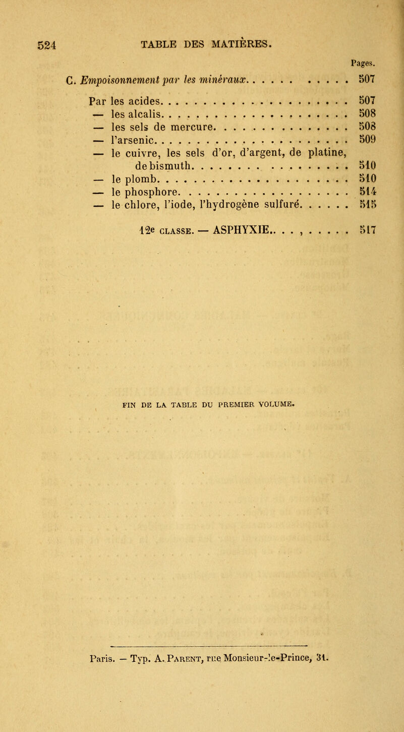 C. Empoisonnement par les minéraux 507 Par les acides 507 — les alcalis 508 — les sels de mercure. 508 — l'arsenic 509 — le cuivre, les sels d'or, d'argent, de platine, de bismuth 510 — le plomb 510 — le phosphore 514 — le chlore, l'iode, l'hydrogène sulfuré 515 12e CLASSE. — ASPHYXIE.. . . , 517 FIN DE LA TABLE DU PREMIER, VOLUME. Paris. — Typ. A. Parent, rue Monsieiir-le-Prince, 'ai.