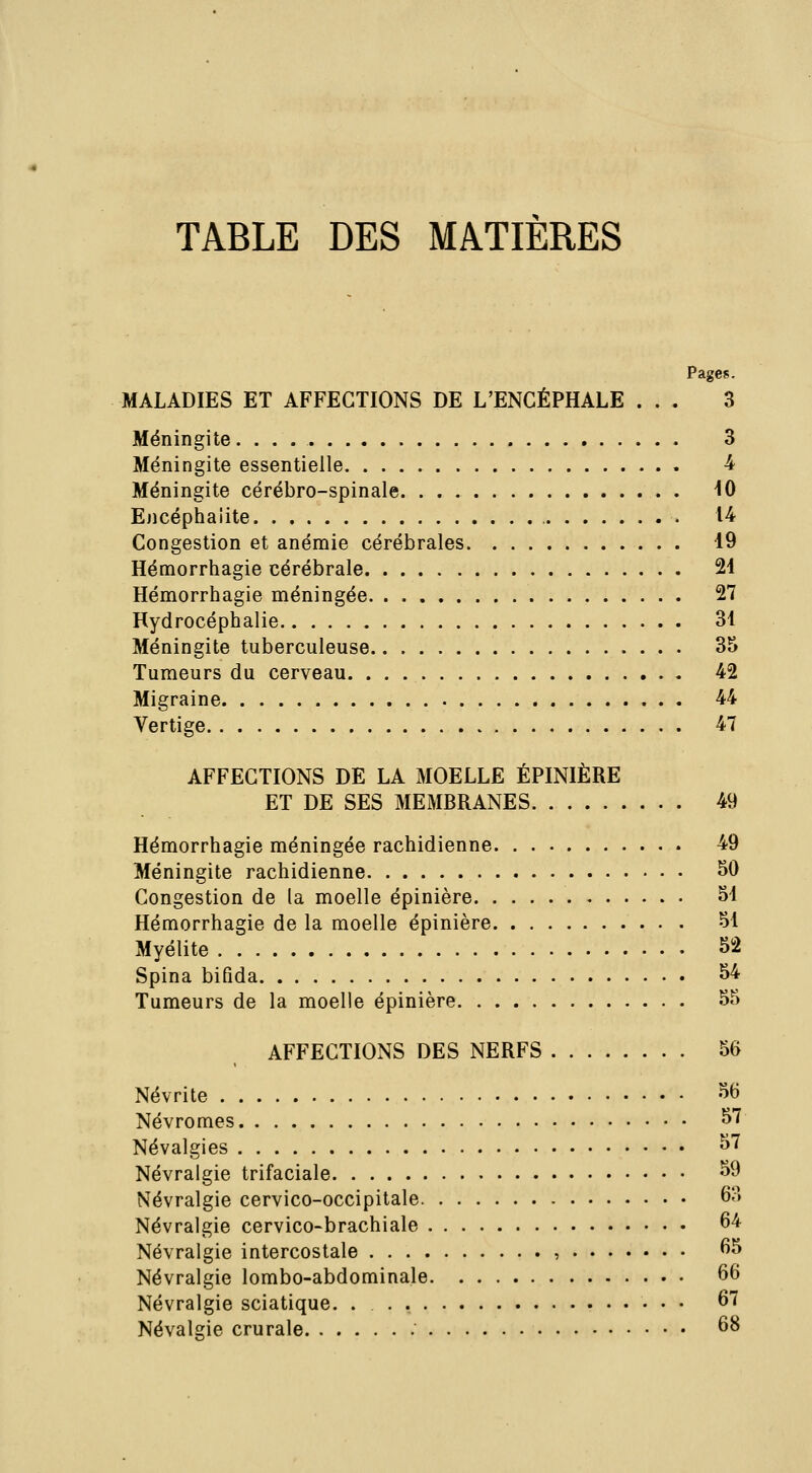 TABLE DES MATIÈRES MALADIES ET AFFECTIONS DE L'ENCÉPHALE ... 3 Méningite. 3 Méningite essentielle 4 Méningite cérébro-spinale 10 Ejicéphaiite 14 Congestion et anémie cérébrales 19 Hémorrhagie cérébrale 24 Hémorrhagie méningée 27 Hydrocéphalie 31 Méningite tuberculeuse 35 Tumeurs du cerveau 42 Migraine 44 Vertige 47 AFFECTIONS DE LA MOELLE ÉPINIÈRE ET DE SES MEMBRANES 49 Hémorrhagie méningée rachidienne 49 Méningite rachidienne SO Congestion de la moelle épinière 51 Hémorrhagie de la moelle épinière 51 Myélite 52 Spina bifida 54 Tumeurs de la moelle épinière 55 AFFECTIONS DES NERFS 56 Névrite ^^ Névromes S7 Névalgies ^^ Névralgie trifaciale ^9 Névralgie cervico-occipitale 6l-> Névralgie cervico-brachiale 64 Névralgie intercostale , ^^ Névralgie lombo-abdominale 66 Névralgie sciatique. 67 Névalgie crurale 68