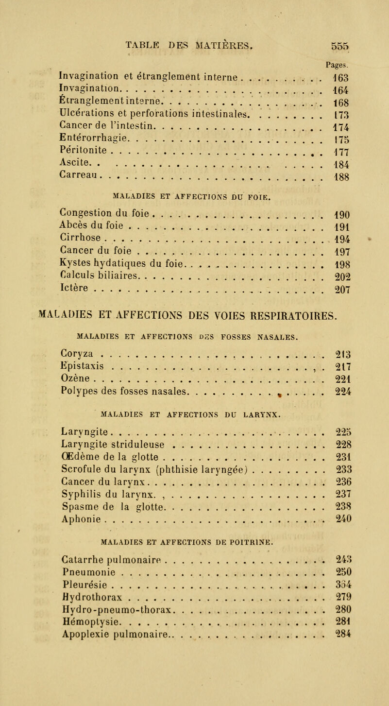 Pages. Invagination et étranglement interne 163 Invagination -154 Étranglement intsrne. •jeS Ulcérations et perforations intestinales. 173 Cancer de l'intestin 174 Entérorrhagie 175 Péritonite 177 Ascite 184 Carreau 188 MALADIES ET AFFECTIONS DU FOIE. Congestion du foie 190 Abcès du foie 191 Cirrhose 194 Cancer du foie 197 Kystes hydatiques du foie. . 198 Calculs biliaires 202 Ictère 207 MALADIES ET AFFECTIONS DES VOIES RESPIRATOIRES. MALADIES ET AFFECTIONS DES FOSSES NASALES. Coryza 213 Epistaxis , . 217 Ozène 221 Polypes des fosses nasales ^ 224 MALADIES ET AFFECTIONS DU LARYNX. Laryngite 225 Laryngite striduleuse 228 Œdème de la glotte 231 Scrofule du larynx (phthisie laryngée) 233 Cancer du larynx 236 Syphilis du larynx. , 237 Spasme de la glotte 238 Aphonie 240 MALADIES ET AFFECTIONS DE POITRINE. Catarrhe pulmonaire 243 Pneumonie 250 Pleurésie 334 Wydrothorax 279 Hydro-pneumo-thorax 280 Hémoptysie 281 Apoplexie pulmonaire 284