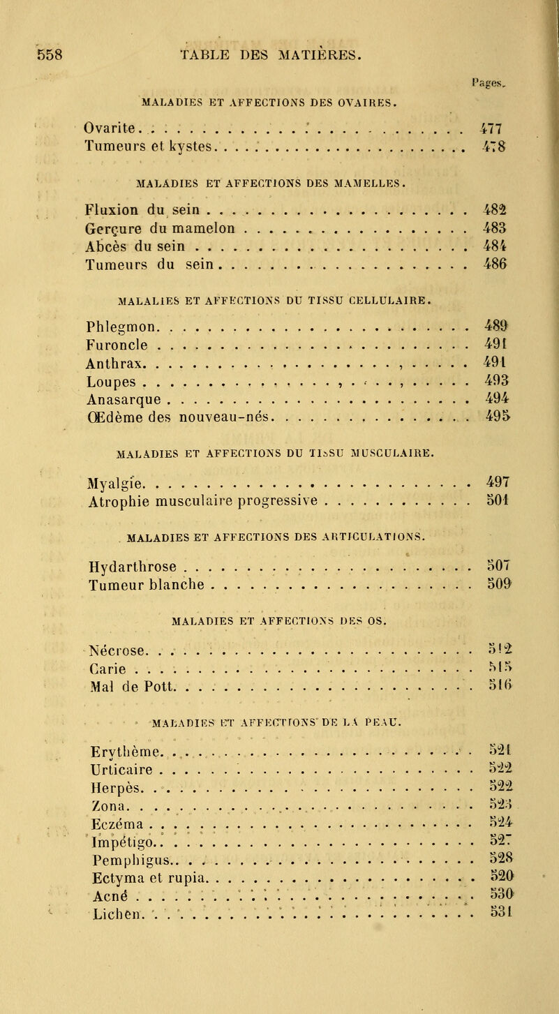 Pages, MALADIES ET AFFECTIONS DES OVAIRES. Ovarite. .' 477 Tumeurs et kystes. 478 MALADIES ET AFFECTIONS DES MAMELLES. Fluxion du sein 48^ Gerçure du mamelon 483 Abcès du sein 484 Tumeurs du sein 486 MALALIES ET AFFECTIONS DU TISSU CELLULAIRE. Phlegmon. 489 Furoncle 491 Anthrax , 491 Loupes ....,...., 493 Anasarque 494 (Edème des nouveau-nés . 49& MALADIES ET AFFECTIONS DU IIsSU MUSCULAIRE. Myalgîe 497 Atrophie musculaire progressive 501 . MALADIES ET AFFECTIONS DES ARTICULATIONS. Hydarthrose 507 Tumeur blanche 509 MALADIES ET AFFECTIONS DES OS. Nécrose. 5h2 Carie .M.^> Mal dePott 516 MALADIES CT AFFECTIONS'DE LA PEAU. Erythème. .,. . • 521 Urticaire Si! Herpès 52-2 Zona. ............................ 52;i Eczéma 524 Impétigo 527 Pemphigus.. . 528 Ectyma et rupia . 520 Acné ,....: \ ... \ ....... ^ '■'''-' ' 530 Lichen. . ... i ........... . 531