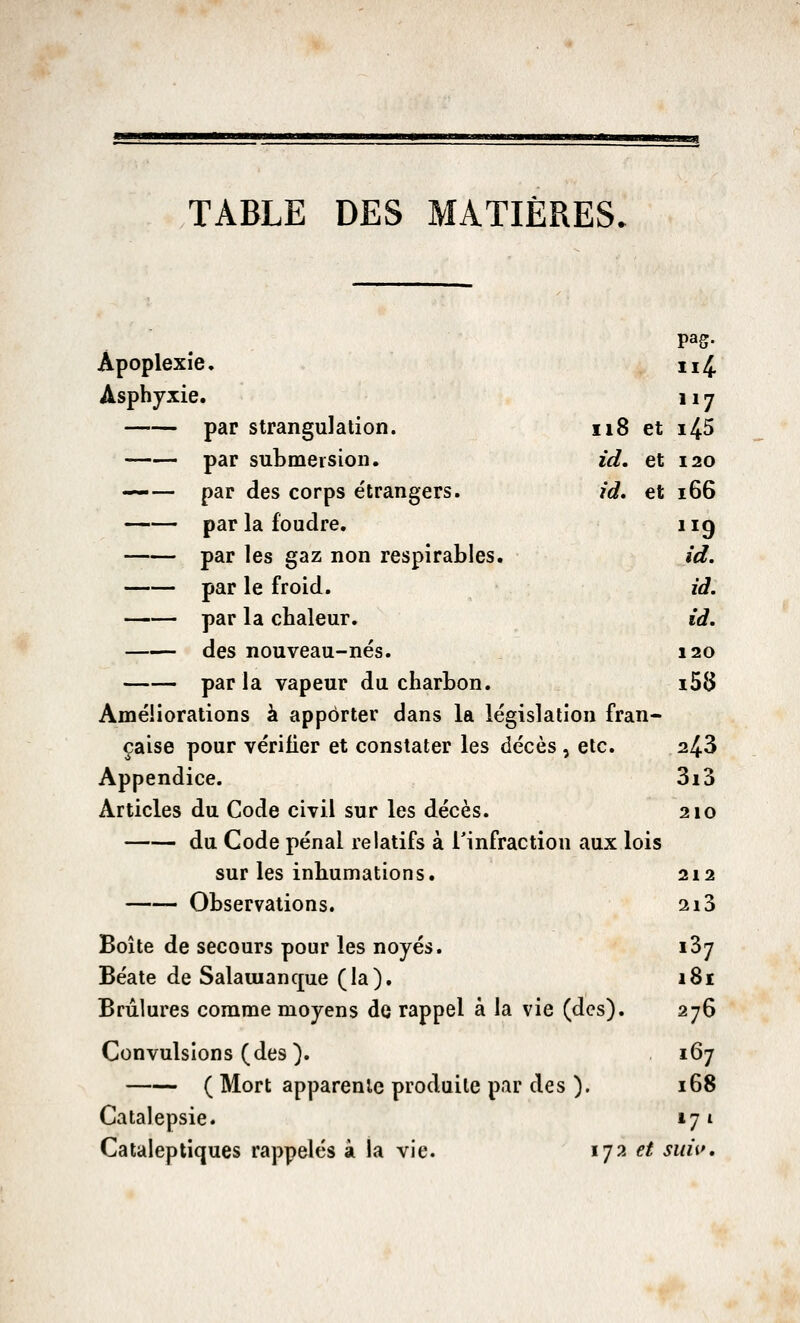 TABLE DES MATIÈRES, pas- Apoplexie. ii4 Asphyxie. 117 par strangulation. ii8 et 145 par submersion. id. et 120 par des corps étrangers. id. et 166 par la foudre. 1^9 par les gaz non respirables. id. par le froid. id. par la chaleur. id. des nouveau-nés. 120 par la vapeur du charbon. i58 Améliorations à apporter dans la législation fran- çaise pour vérifier et constater les décès , etc. 243 Append ice. 3i3 Articles du Code civil sur les décès. 210 du Code pénal relatifs à l'infraction aux lois sur les inhumations. 212 Observations. 2l3 Boîte de secours pour les noyés. ,37 Béate de Salauianque (la). i8ï Brûlures comme moyens de rappel à la vie (des). 276 Convulsions (des). 167 ( Mort apparente produite par des ). 168 Catalepsie. 171 Catalept ;iques rappelés à la vie. 172 et ; miv.