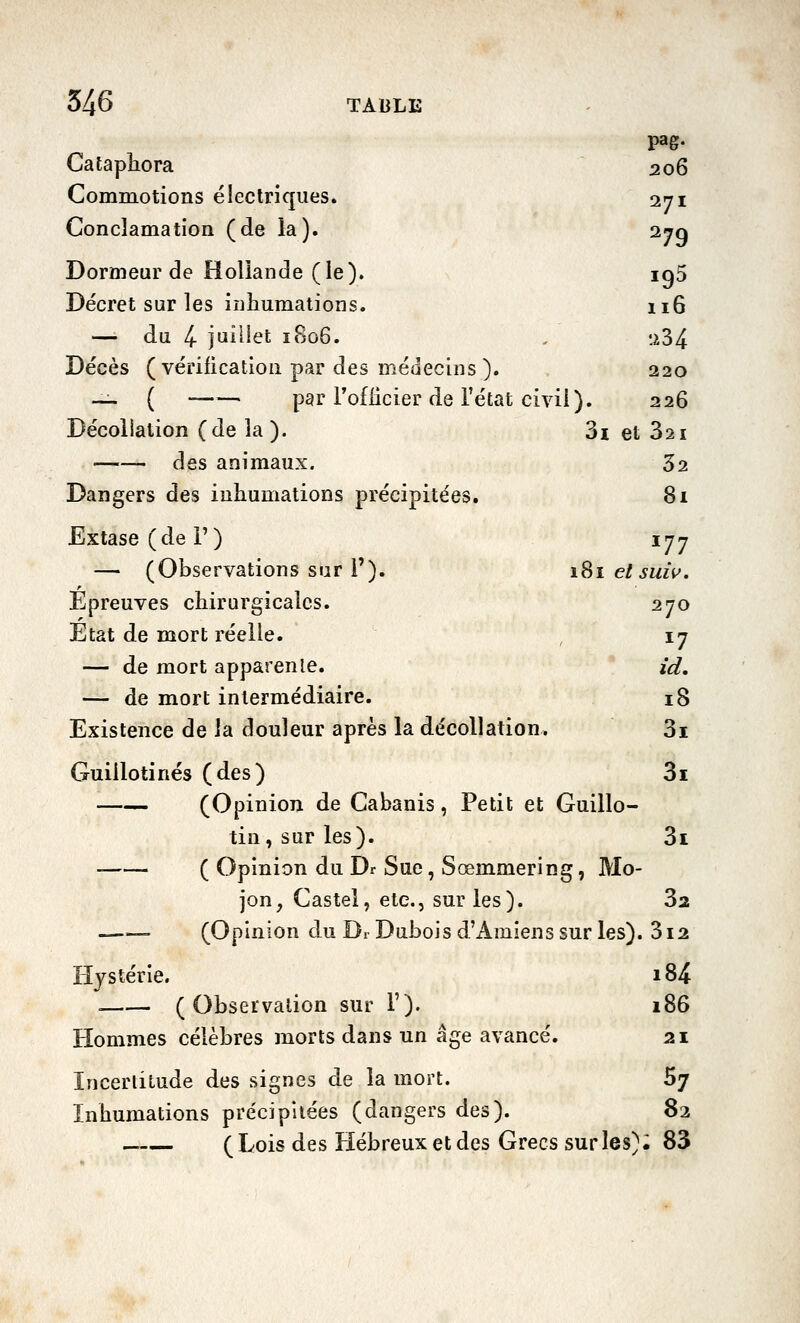 pag. Cataphora 206 Commotions électriques. 271 Conclamation (de la). 270 Dormeur de Holiaiide (le). iq5 Décret sur les inhumations. 116 — du 4- juillet 1806. , 234 Décès (vérification par des médecins ). 220 — ( —— par Toflicier de l'état civil). 226 Décollation (de la). 3i et 32i des animaux. 32 Dangers des inhumations précipitées. 8i Extase (de F) 177 — (Observations sur T). 181 elsuiv. Épreuves chirurgicales. 270 Etat de mort réelle. , 17 — de mort apparenle. îd. — de mort intermédiaire. 18 Existence de la douleur après la décollation. 3i Guillotinés (des) 3ï (Opinion de Cabanis, Petit et Guillo- tin, sur les). 3i ( Opinion du Dr Sue, Sœmmering, Mo- jon, Castel, etc., sur les). Sa —— (Opinion du Dr Dubois d'Amiens sur les). 312 Hystérie. i84 . (Observation sur F). 186 Hommes célèbres morts dans un âge avancé. ai Incertitude des signes de la mort. 57 Inhumations précipitées (dangers des). 82 ( Lois des Hébreux et des Grecs sur les) ; 83