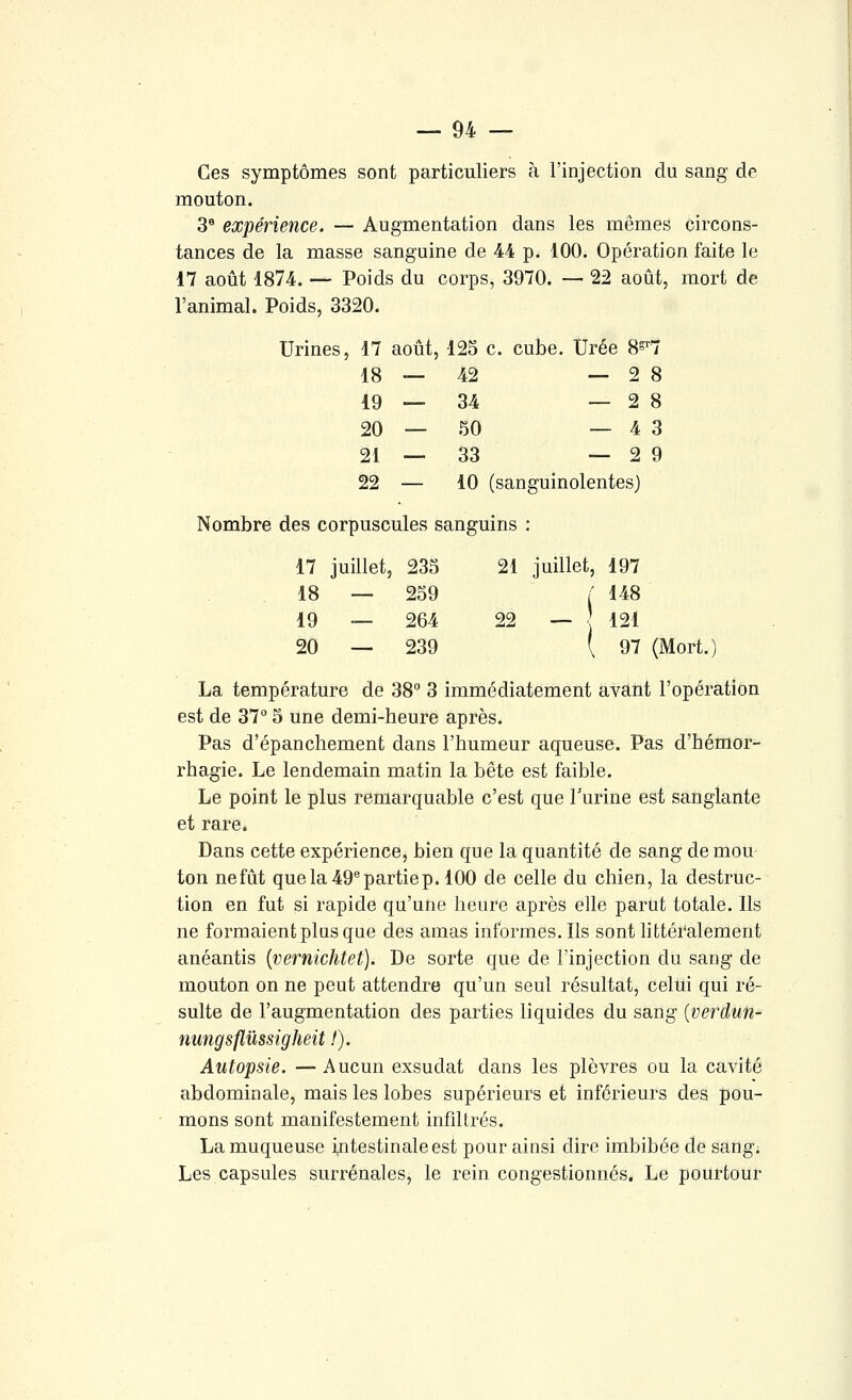 Ces symptômes sont particuliers à l'injection du sang de mouton. 3® expérience. — Augmentation dans les mêmes circons- tances de la masse sanguine de 44 p. 100. Opération faite le 17 août 1874. — Poids du corps, 3970. — 22 août, mort de l'animal. Poids, 3320. Urines, 17 août, 125 c. cube. Urée 8°''7 18—42 — 2 8 19—34 — 2 8 20—50 — 4 3 21—33 — 2 9 22 — 10 (sanguinolentes) Nombre des corpuscules sanguins : 17 juillet, 235 21 uillet, 197 18 — 259 /' 148 19 — 264 22 — 121 ( 97 (Mort.) 20 — 239 La température de 38° 3 immédiatement avant l'opération est de 37° 5 une demi-heure après. Pas d'épanchement dans l'humeur aqueuse. Pas d'hémor- rhagie. Le lendemain matin la bête est faible. Le point le plus remarquable c'est que l'urine est sanglante et rare. Dans cette expérience, bien que la quantité de sang de mou ton nefût que la 49 partie p. 100 de celle du chien, la destruc- tion en fut si rapide qu'une heure après elle parut totale. Ils ne formaient plus que des amas informes. Ils sont littéralement anéantis {vernichtet). De sorte que de l'injection du sang de mouton on ne peut attendre qu'un seul résultat, celui qui ré- sulte de l'augmentation des parties liquides du sang {verdufi- nungsflûssigheit !). Autopsie. — Aucun exsudât dans les plèvres ou la cavité abdominale, mais les lobes supérieurs et inférieurs des pou- mons sont manifestement infiltrés. La muqueuse intestinale est pour ainsi dire imbibée de sang; Les capsules surrénales, le rein congestionnés. Le pourtour