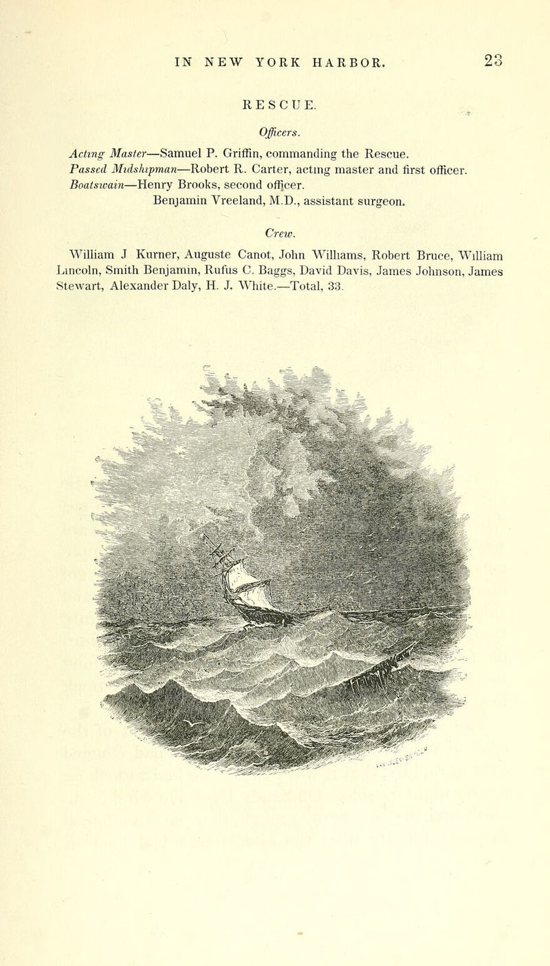 RESCUE. Officers. Acting Master—Samuel P. Griffin, commanding the Rescue. Passed Midshipman—Robert R. Carter, actmg master and first officer. Boatswain—Henry Brooks, second offi^cer. Benjamin Vreeland, M.D., assistant surgeon. Crew. William J Kurner, Auguste Canot, John Williams, Robert Bruce, William Lincoln, Smith Benjamin, Rufus C. Baggs, David Davis, James Johnson, James Stewart, Alexander Daly, H. J. White.—Total, 33.