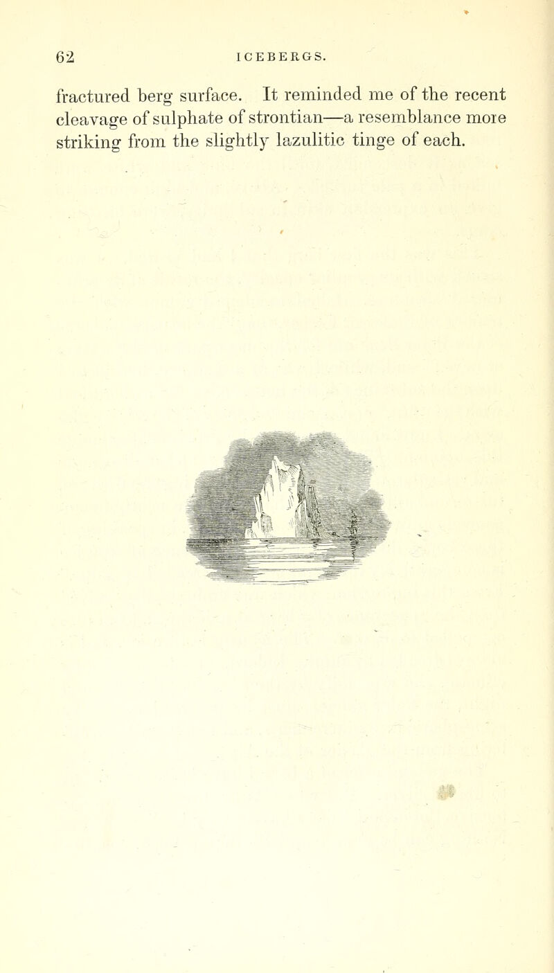 fractured berg surface. It reminded me of the recent cleavage of sulphate of strontian—a resemblance more striking from the slightly lazulitic tinge of each.