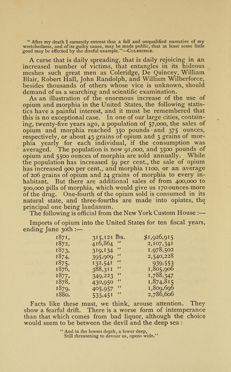 After my death I earnestly entreat that a full and unqualified narrative of my wretchedness, and of its guilty cause, may be made public, that at least some little good may be effected by the direful example.—Coleridge. A curse that is daily spreading, that is daily rejoicing in an increased number of victims, that entangles in its hideous meshes such great men as Coleridge, De Quincey, William Blair, Robert Hall, John Randolph, and WiUiam Wilberforce, besides thousands of others whose vice is unknown, should demand of us a searching and scientific examination. As an illustration of the enormous increase of the use of opium and morphia in the United States, the following statis- tics have a painful interest, and it must be remembered that this is no exceptional case. In one of our large cities, contain- ing, twenty-five years ago, a population of 57,000, the sales of opium and morphia reached 350 pounds and 375 ounces, respectively, or about 43 grains of opium and 3 grains of mor- phia yearly for each individual, if the consumption was averaged. The population is now 91,000, and 3500 pounds of opium and 5500 ounces of morphia are sold annually. While the population has increased 59 per cent., the sale of opium has increased 900 per cent., and morphia iioo, or an average of 206 grains of opium and 24 grains of morphia to every in- habitant. But there are additional sales of from 400,000 to 500,000 pills of morphia, which would give us 170 ounces more of the drug. One-fourth of the opium sold is consumed in its natural state, and three-fourths are made into opiates, the principal one being laudanum. The following is official from the New York Custom House :— Imports of opium into the United States for ten fiscal years, ending June 30th :— $1,926,915 2,107,341 1,978,502 2,540,228 939^553 1,805,906 1.788,347 1,874,815 1,809,696 2,786,606 Facts like these must, we think, arouse attention. They show a fearful drift. There is a worse form of intemperance than that which comes from bad liquor, although the choice would seem to be between the devil and the deep sea:  And in the lowest depth, a lower deep, Still threatening to devour us, opens wide. I87I. 3I5.I2I 1872, 416,864 1873. 319.134 1874, 395.909 1875, 132,541 1876, 388,311 1877. 349.223 1878, 430.950 1879. 405.957 1880. 533.451