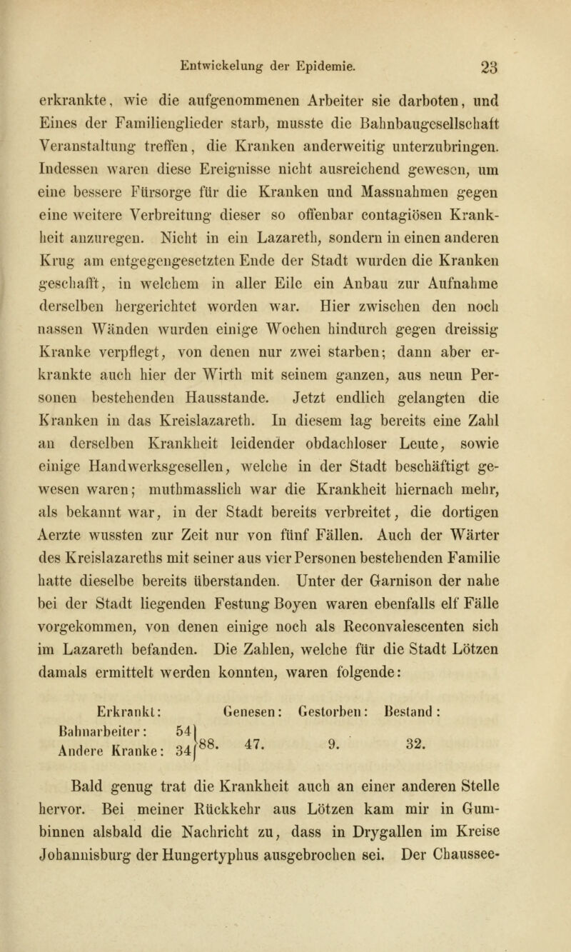 erkrankte, wie die aufgenommenen Arbeiter sie darboten, und Eines der Familienglieder starb^ musste die Balinbaugesellschaft Veranstaltung treffen, die Kranken anderweitig unterzubringen. Indessen waren diese Ereignisse nicht ausreichend gewesen^ um eine bessere Fürsorge für die Kranken und Massnahmen gegen eine weitere Verbreitung dieser so offenbar contagiösen Krank- heit anzuregen. Nicht in ein Lazareth, sondern in einen anderen Krug am entgegengesetzten Ende der Stadt wurden die Kranken geschafft^ in welchem in aller Eile ein Anbau zur Aufnahme derselben hergerichtet worden war. Hier zwischen den noch nassen Wänden wurden einige Wochen hindurch gegen dreissig Kranke verpflegt^ von denen nur zwei starben; dann aber er- krankte auch hier der Wirth mit seinem ganzen^ aus neun Per- sonen bestehenden Hausstande. Jetzt endlich gelangten die Kranken in das Kreislazareth. In diesem lag bereits eine Zahl an derselben Krankheit leidender obdachloser Leute, sowie einige Handwerksgesellen, welche in der Stadt beschäftigt ge- wesen waren; muthmasslich war die Krankheit hiernach mehr, als bekannt war, in der Stadt bereits verbreitet, die dortigen Aerzte wussten zur Zeit nur von fünf Fällen. Auch der Wärter des Kreislazareths mit seiner aus vier Personen bestehenden Familie hatte dieselbe bereits überstanden. Unter der Garnison der nahe bei der Stadt liegenden Festung Boyen waren ebenfalls elf Fälle vorgekommen, von denen einige noch als Reconvalescenten sich im Lazareth befanden. Die Zahlen, welche für die Stadt Lötzen damals ermittelt werden konnten, waren folgende: Erkrankt: Genesen: Gestorben: Bestand: Bahnarbeiter: 54) Andere Kranke: 3if^' ^^' ^' ^^' Bald genug trat die Krankheit auch an einer anderen Stelle hervor. Bei meiner Rückkehr aus Lötzen kam mir in Gum- binnen alsbald die Nachricht zu, dass in Drygallen im Kreise Johannisburg der Hungertyphus ausgebrochen sei. Der Chaussee-