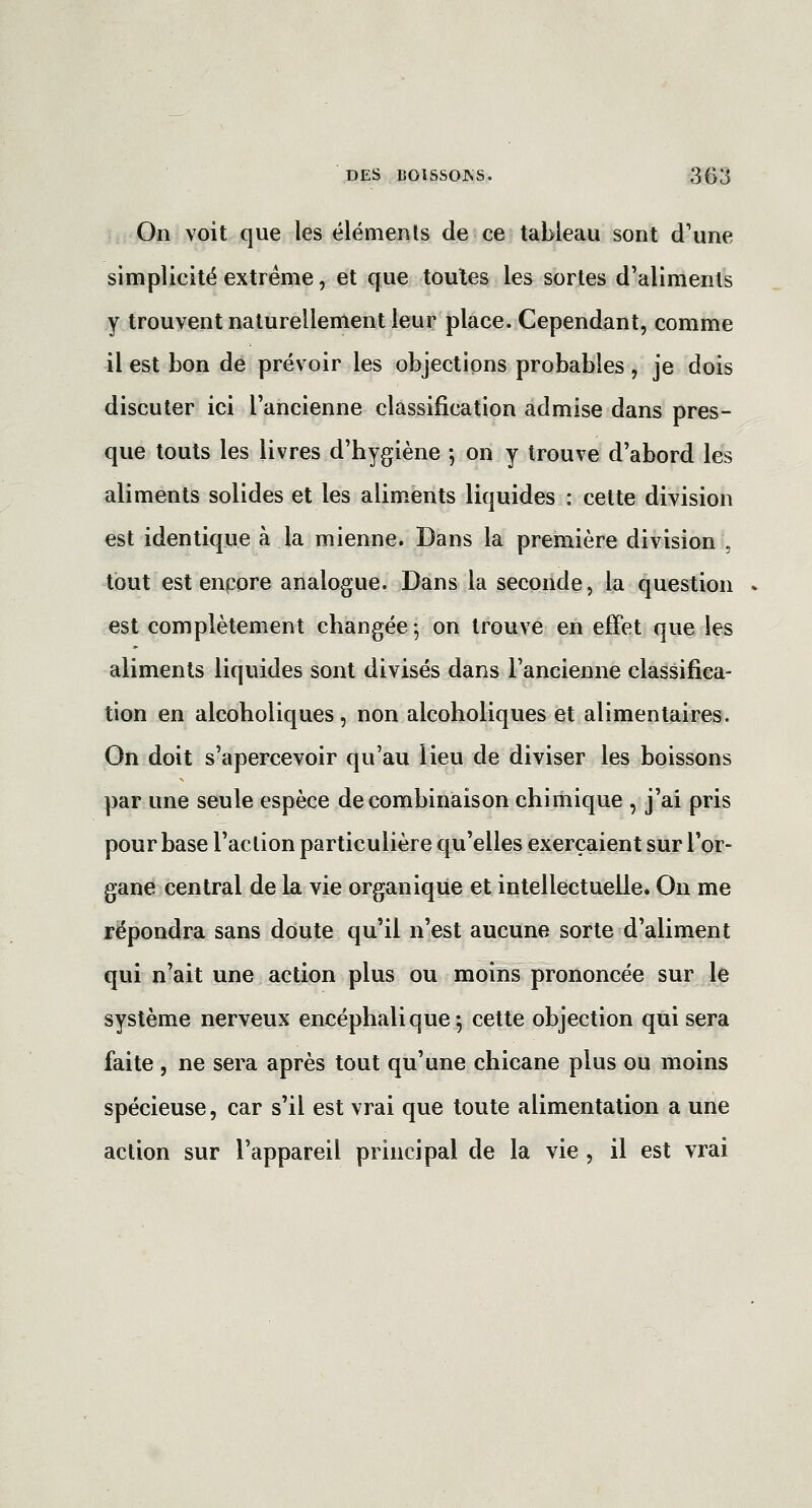 On voit que les ëlémenls de ce tableau sont d'une simplicité extrême, et que toutes les sortes d'aliments y trouvent naturellement leur place. Cependant, comme il est bon de prévoir les objections probables, je dois discuter ici l'ancienne classification admise dans pres- que touts les livres d'hygiène -, on y trouve d'abord les aliments solides et les alim.ents liquides : celte division est identique à la mienne. Dans la première division , tout est enpore analogue. Dans la seconde, la question ^ est complètement changée-, on trouve en effet que les aliments liquides sont divisés dans l'ancienne classifica- tion en alcoholiques 5 non alcoholiques et alimentaires. On doit s'apercevoir qu'au lieu de diviser les boissons par une seule espèce de combinaison chimique , j'ai pris pour base l'action particulière qu'elles exerçaient sur l'or- gane central de la vie organique et intellectuelle. On me répondra sans doute qu'il n'est aucune sorte d'aliment qui n'ait une action plus ou moins prononcée sur le système nerveux encéphalique 5 cette objection qui sera faite , ne sera après tout qu'une chicane plus ou moins spécieuse, car s'il est vrai que toute alimentation a une action sur l'appareil principal de la vie , il est vrai