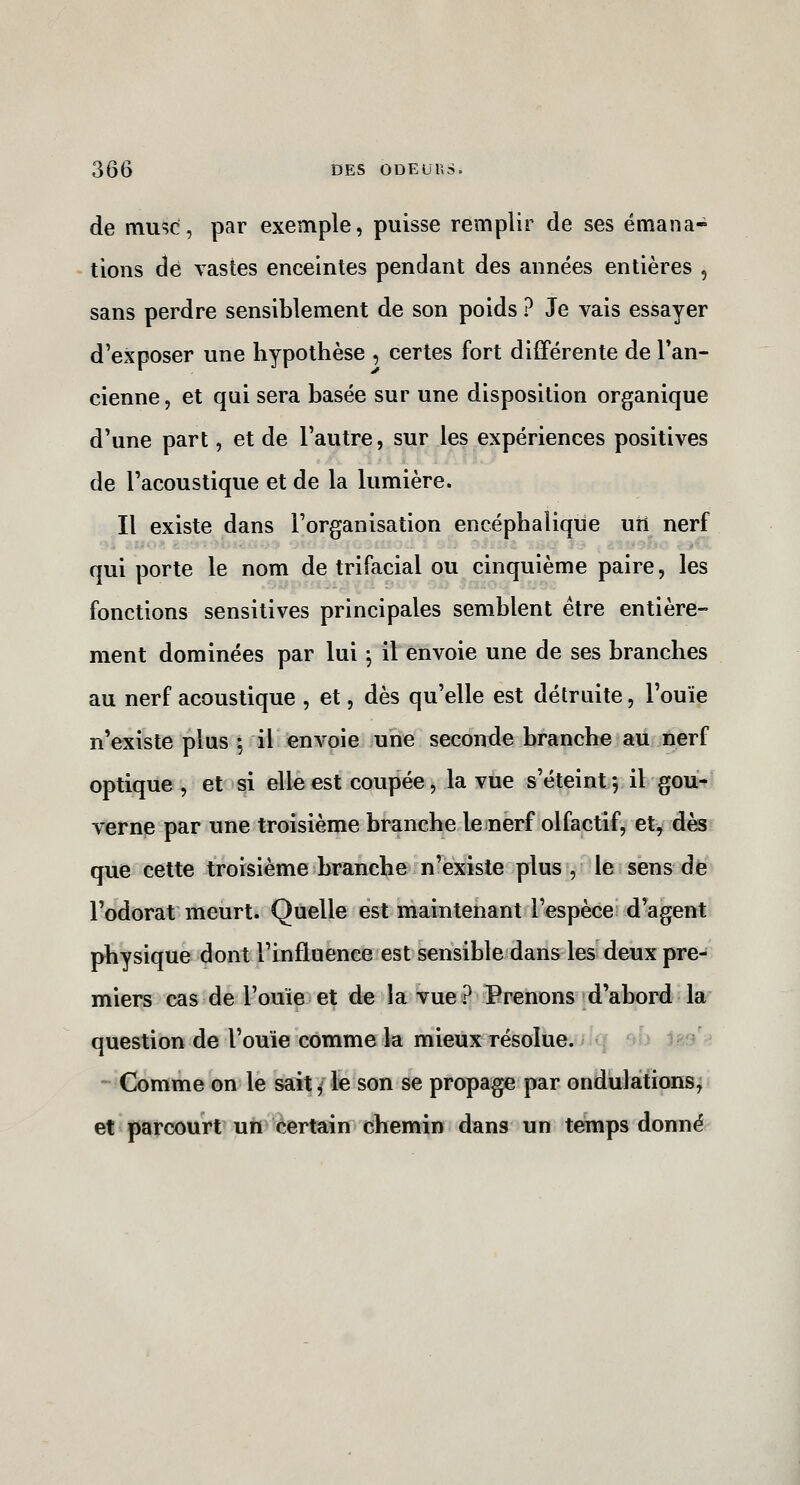 de musc, par exemple, puisse remplir de ses émana- tions dé vastes enceintes pendant des années entières , sans perdre sensiblement de son poids ? Je vais essayer d'exposer une hypothèse , certes fort différente de Tan- cienne, et qui sera basée sur une disposition organique d'une part, et de l'autre, sur les expériences positives de l'acoustique et de la lumière. Il existe dans l'organisation encéphalique utî nerf qui porte le nom de trifacial ou cinquième paire, les fonctions sensitives principales semblent être entière- ment dominées par lui j il envoie une de ses branches au nerf acoustique , et, dès qu'elle est détruite, l'ouïe n'existe plus ; il envoie une seconde branche au nerf optique, et si elle est coupée, la vue s'éteint 5 il gou^' ver ne par une troisième branche le nerf olfactif, et, dès que cette troisième branche n'existe plus , le sens de l'odorat meurt. Quelle est maintenant l'espèce d'agent physique dont l'influence est sensible dans les deux pre- miers cas de l'ouïe et de la vue? Prenons d'abord la question de l'ouïe comme la mieux résolue, q eb U^i - Comme on le sait, le son se propage par ondulations, et parcourt un certain chemin dans un temps donné