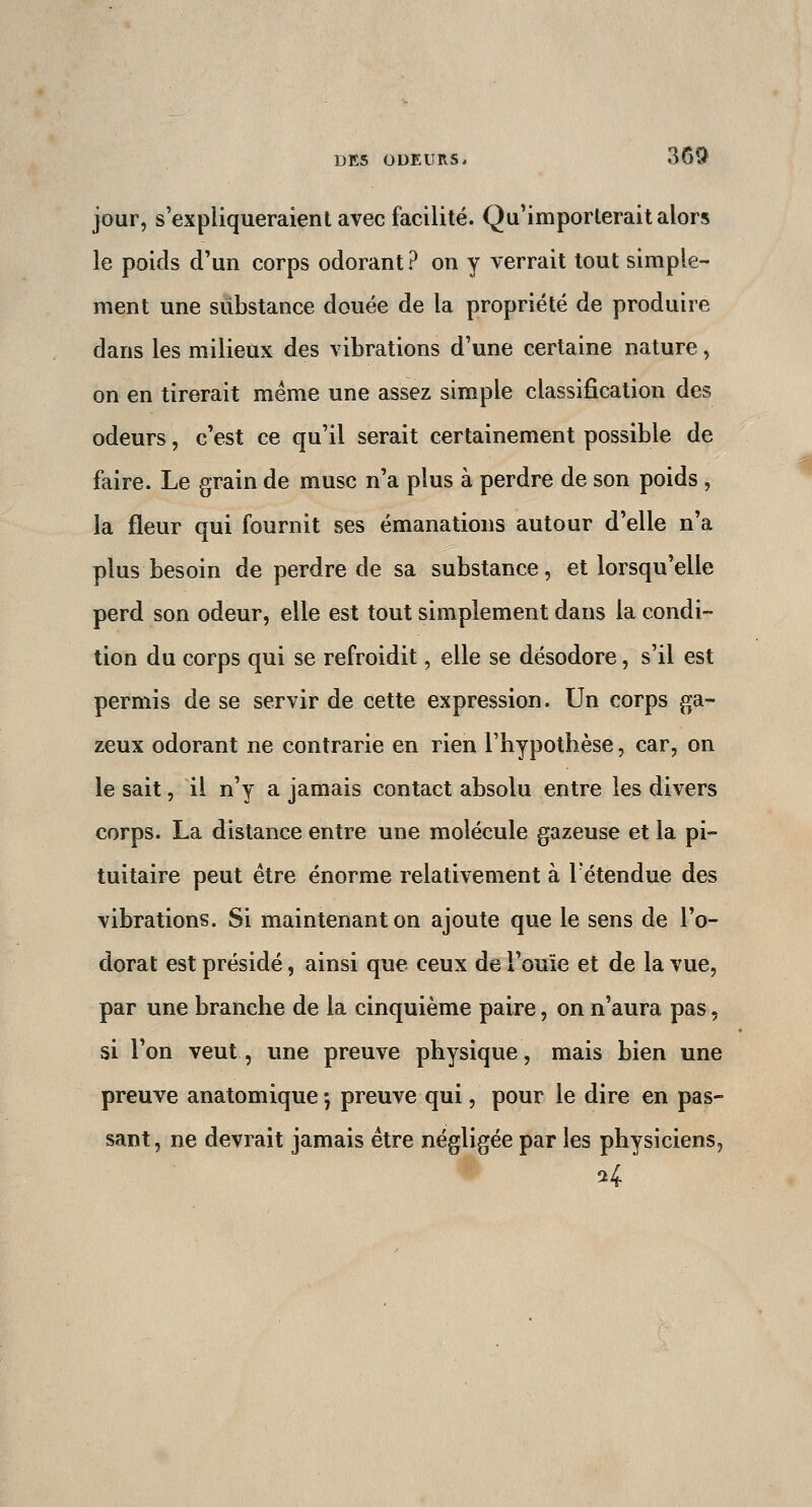 jour, s'expliqueraient avec facilité. Qu'importerait alors le poids d'un corps odorant? on y verrait tout simple- ment une substance douée de la propriété de produire dans les milieux des vibrations d'une certaine nature, on en tirerait même une assez simple classification des odeurs, c'est ce qu'il serait certainement possible de faire. Le grain de musc n'a plus à perdre de son poids , la fleur qui fournit ses émanations autour d'elle n'a plus besoin de perdre de sa substance, et lorsqu'elle perd son odeur, elle est tout simplement dans la condi- tion du corps qui se refroidit, elle se désodore, s'il est permis de se servir de cette expression. Un corps ga- zeux odorant ne contrarie en rien l'hypothèse, car, on le sait, il n'y a jamais contact absolu entre les divers corps. La distance entre une molécule gazeuse et la pi- tuitaire peut être énorme relativement à 1 étendue des vibrations. Si maintenant on ajoute que le sens de l'o- dorat est présidé, ainsi que ceux de l'ouïe et de la vue, par une branche de la cinquième paire, on n'aura pas, si l'on veut, une preuve physique, mais bien une preuve anatomique ; preuve qui, pour le dire en pas- sant , ne devrait jamais être négligée par les physiciens, a4