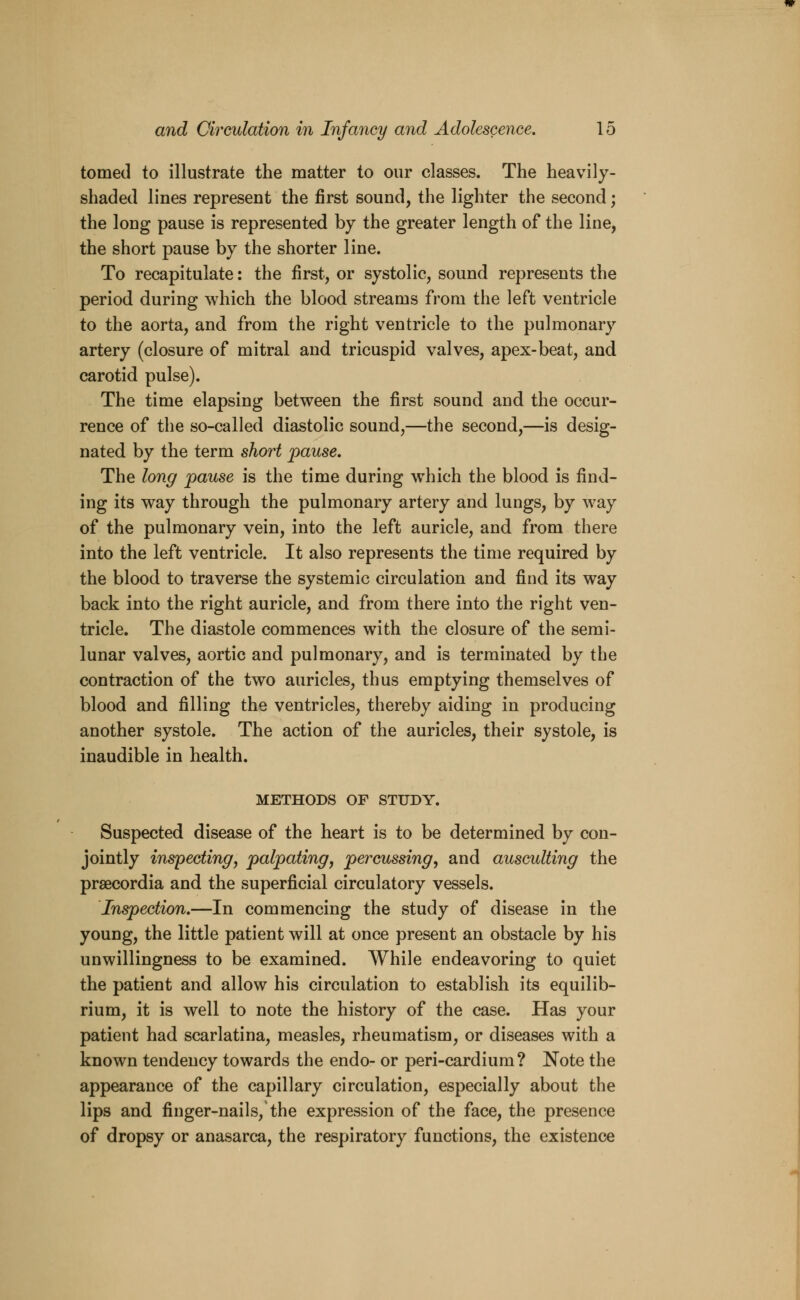 tomed to illustrate the matter to our classes. The heavily- shaded lines represent the first sound, the lighter the second; the long pause is represented by the greater length of the line, the short pause by the shorter line. To recapitulate: the first, or systolic, sound represents the period during which the blood streams from the left ventricle to the aorta, and from the right ventricle to the pulmonary artery (closure of mitral and tricuspid valves, apex-beat, and carotid pulse). The time elapsing between the first sound and the occur- rence of the so-called diastolic sound,—the second,—is desig- nated by the term short pause. The long pause is the time during which the blood is find- ing its way through the pulmonary artery and lungs, by way of the pulmonary vein, into the left auricle, and from there into the left ventricle. It also represents the time required by the blood to traverse the systemic circulation and find its way back into the right auricle, and from there into the right ven- tricle. The diastole commences with the closure of the semi- lunar valves, aortic and pulmonary, and is terminated by the contraction of the two auricles, thus emptying themselves of blood and filling the ventricles, thereby aiding in producing another systole. The action of the auricles, their systole, is inaudible in health. METHODS OF STUDY. Suspected disease of the heart is to be determined by con- jointly inspecting, palpating, percussing, and ausculting the praecordia and the superficial circulatory vessels. Inspection.—In commencing the study of disease in the young, the little patient will at once present an obstacle by his unwillingness to be examined. While endeavoring to quiet the patient and allow his circulation to establish its equilib- rium, it is well to note the history of the case. Has your patient had scarlatina, measles, rheumatism, or diseases with a known tendency towards the endo- or peri-cardium? Note the appearance of the capillary circulation, especially about the lips and finger-nails, the expression of the face, the presence of dropsy or anasarca, the respiratory functions, the existence